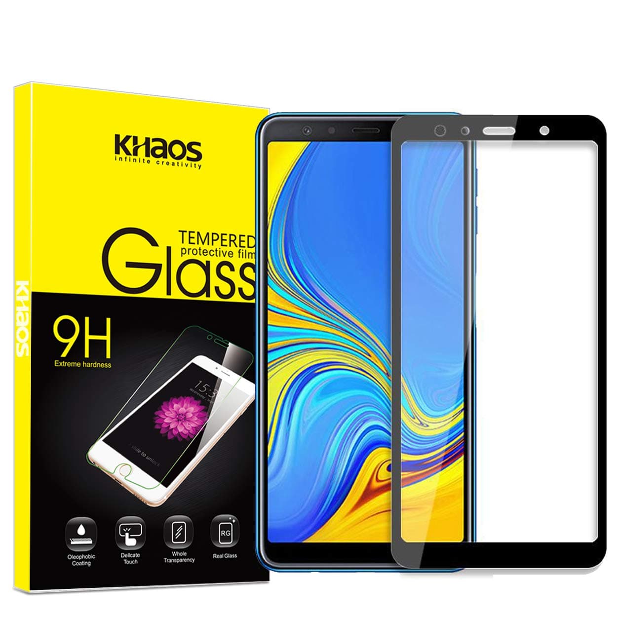 for Samsung Galaxy A7 2018 Screen Protector,KHAOS Full Coverage Tempered Glass Screen Protector for Samsung A7/ A750 Ultra-Clear Anti-Bubble Ant-Scratch -Black
