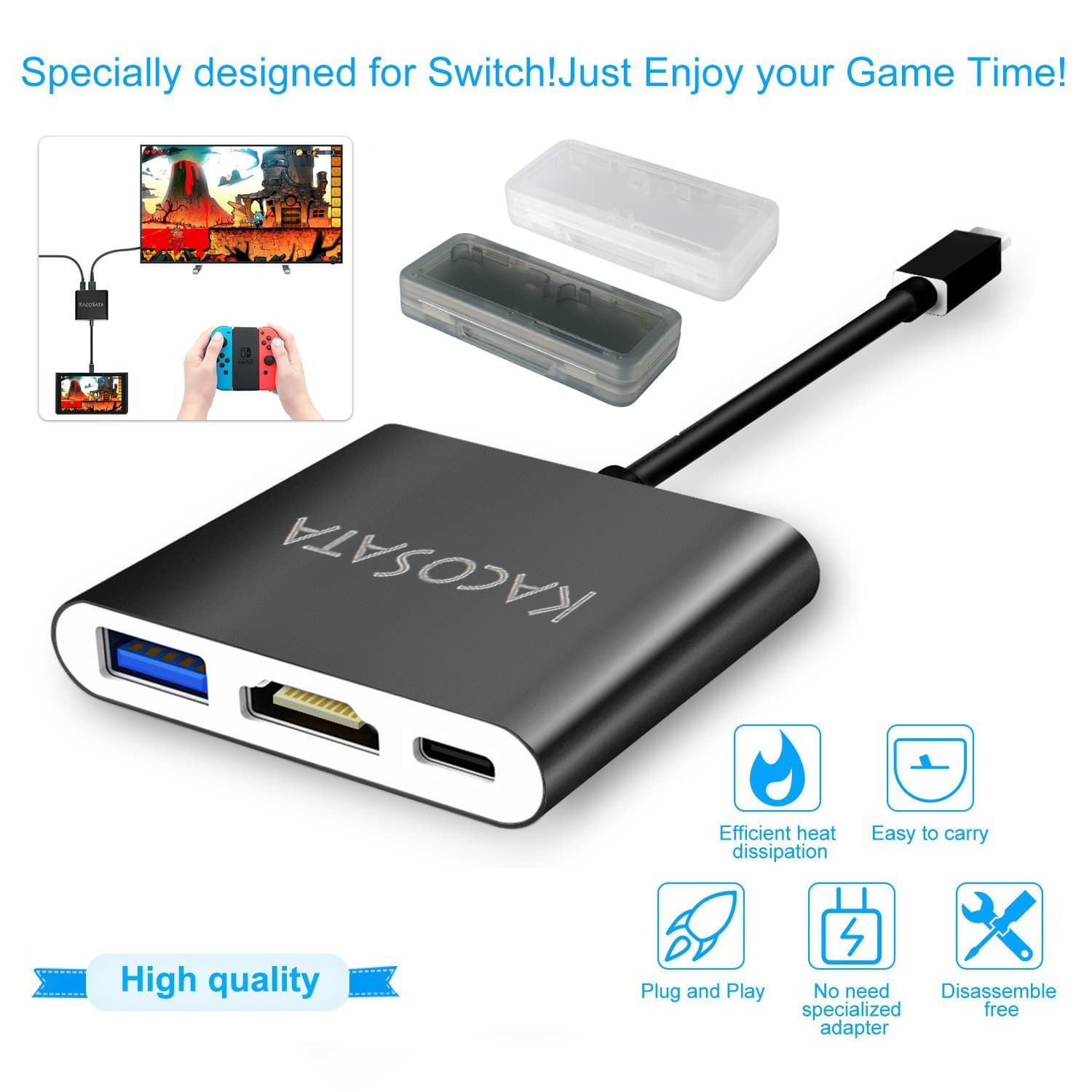 HDMI Type C Hub Adapter for Nintendo Switch, Samsung Galaxy S8/S8P, HDMI Converter Cable for Nintendo Switch 2 Game card box 4 Slot - Transparent