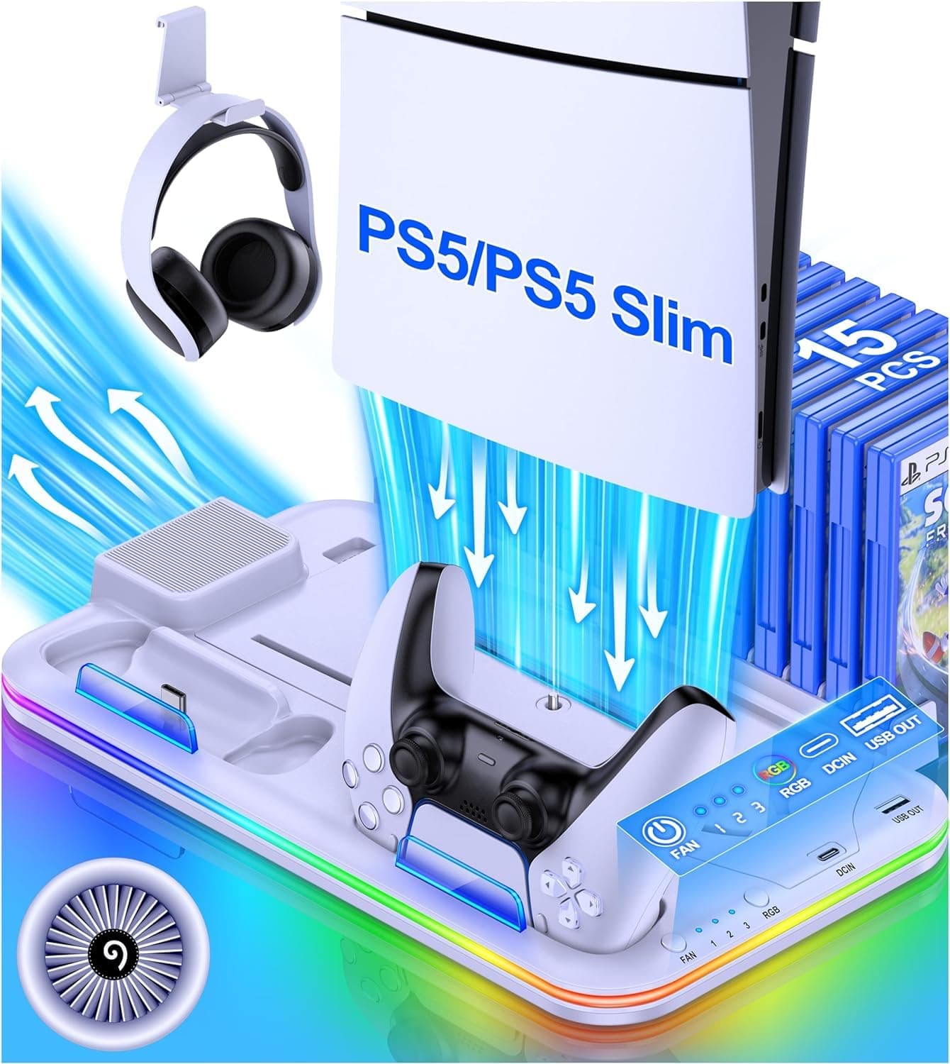PS5 Slim Stand with Cooling Station and Controller Charging Station for PS5 Slim Console Disc/Digital, for PS5 Accessories-Cooling Fan, RGB Light, Headset Holder, 15 Game Slot for Playsation 5 (White)