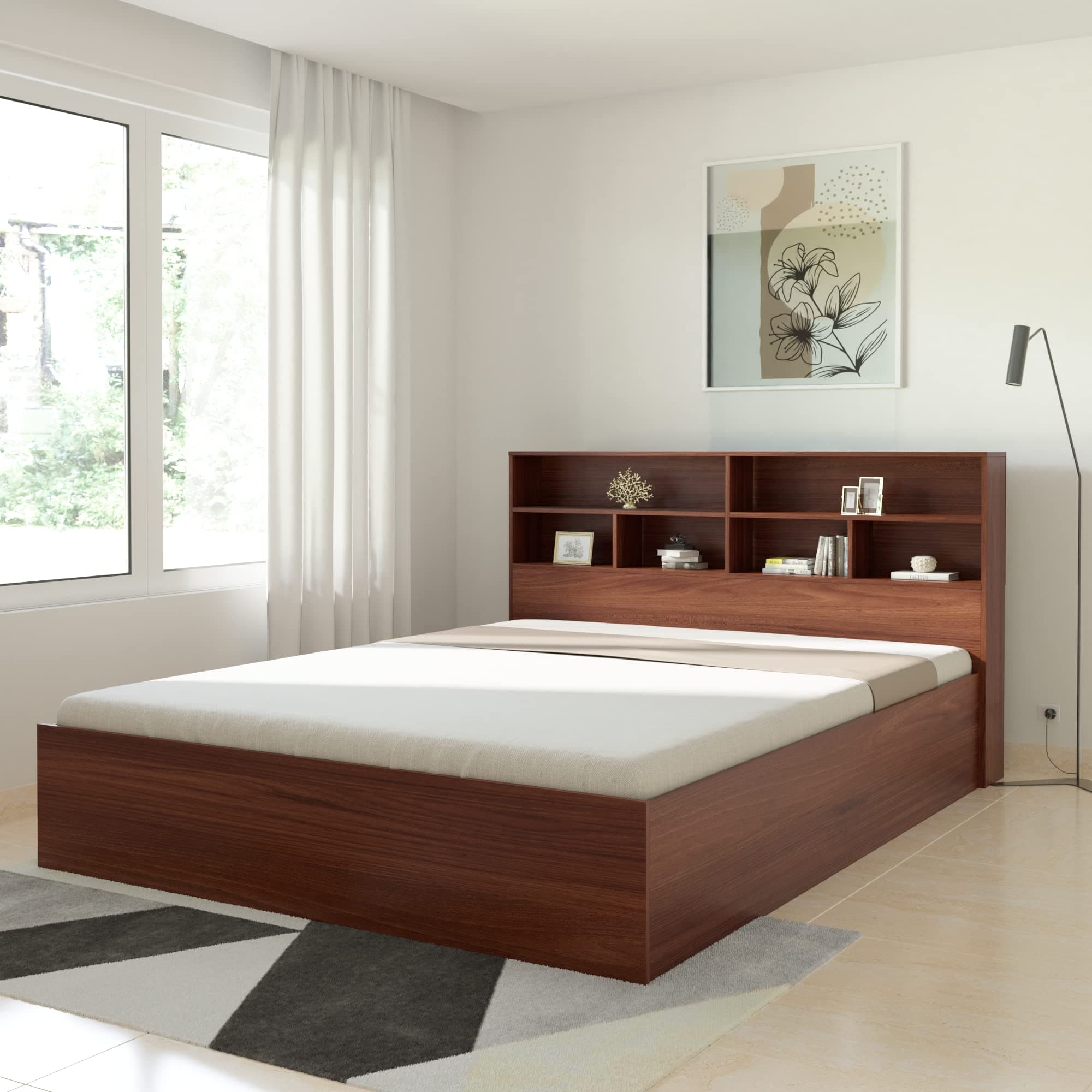 Amazon Brand - Solimo Madray Queen Size Engineered Wood Bed with Box & Headboard Storage (Asian Walnut)