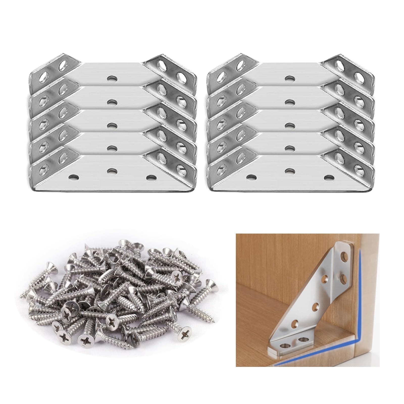 10 Pack Stainless Steel Corner Brackets with Screws, Angle Corner Brackets for Wood, Corner Braces for Shelves Wood Furniture Chair Drawer Cabinet