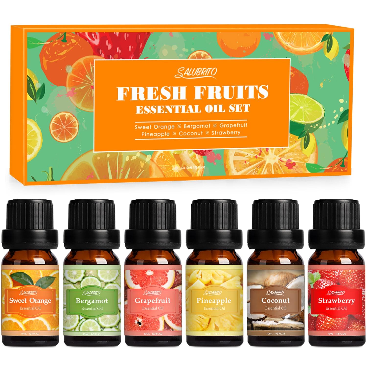 SALUBRITO Fresh Fruit Fragrance Oils Set, Essential Oils for Diffuser, Candle, Soap Making - Strawberry, Sweet Orange, Pineapple, Coconut, Bergamot, Grapefruit, 6X10ml