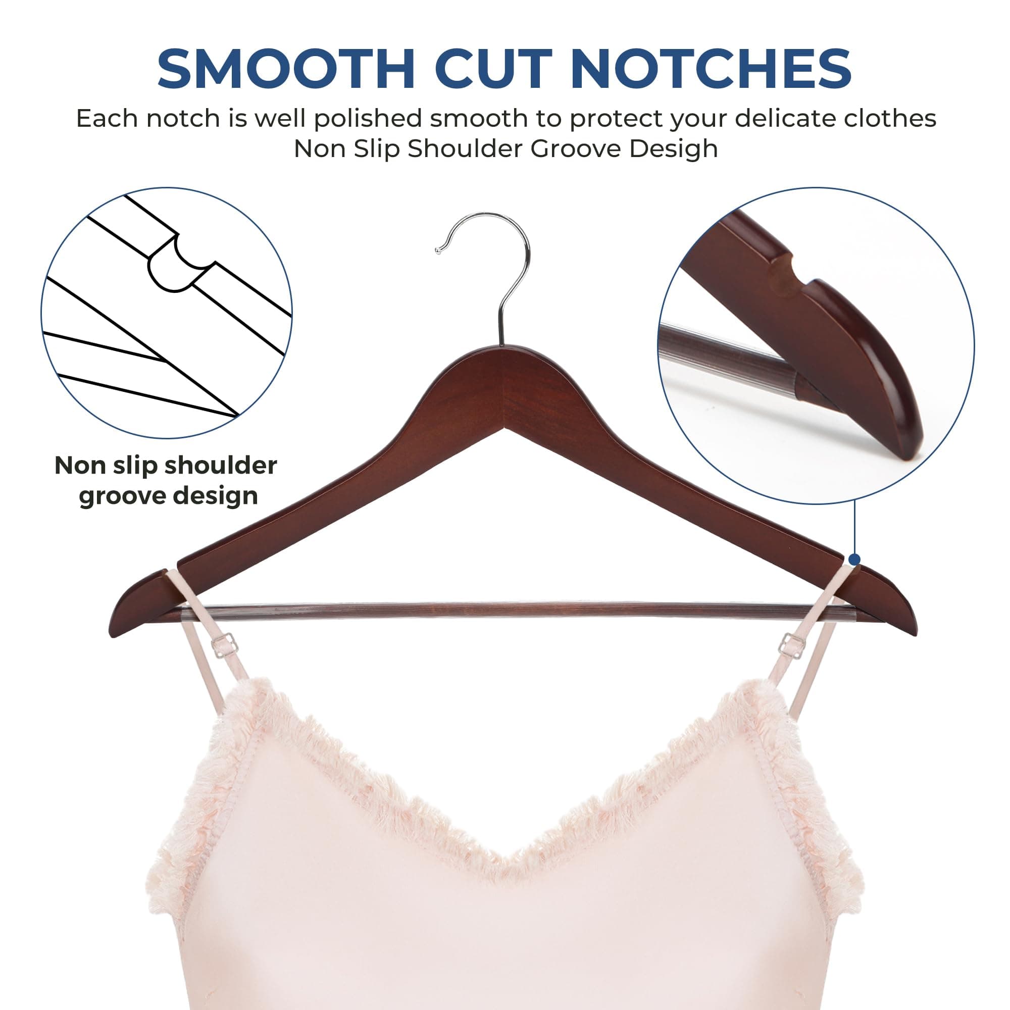 JS HANGER Multifunctional High Grade Solid Wooden Suit Hangers, Coat Hangers, Walnut Finish, 20-Pack