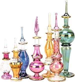 NileCart Set of 12 Egyptian Perfume Bottles Wholesale Mix Collection hand Blown Decorative Bottles 2-5 in with handmade golden Egyptian decoration for Perfumes & Essential Oils.
