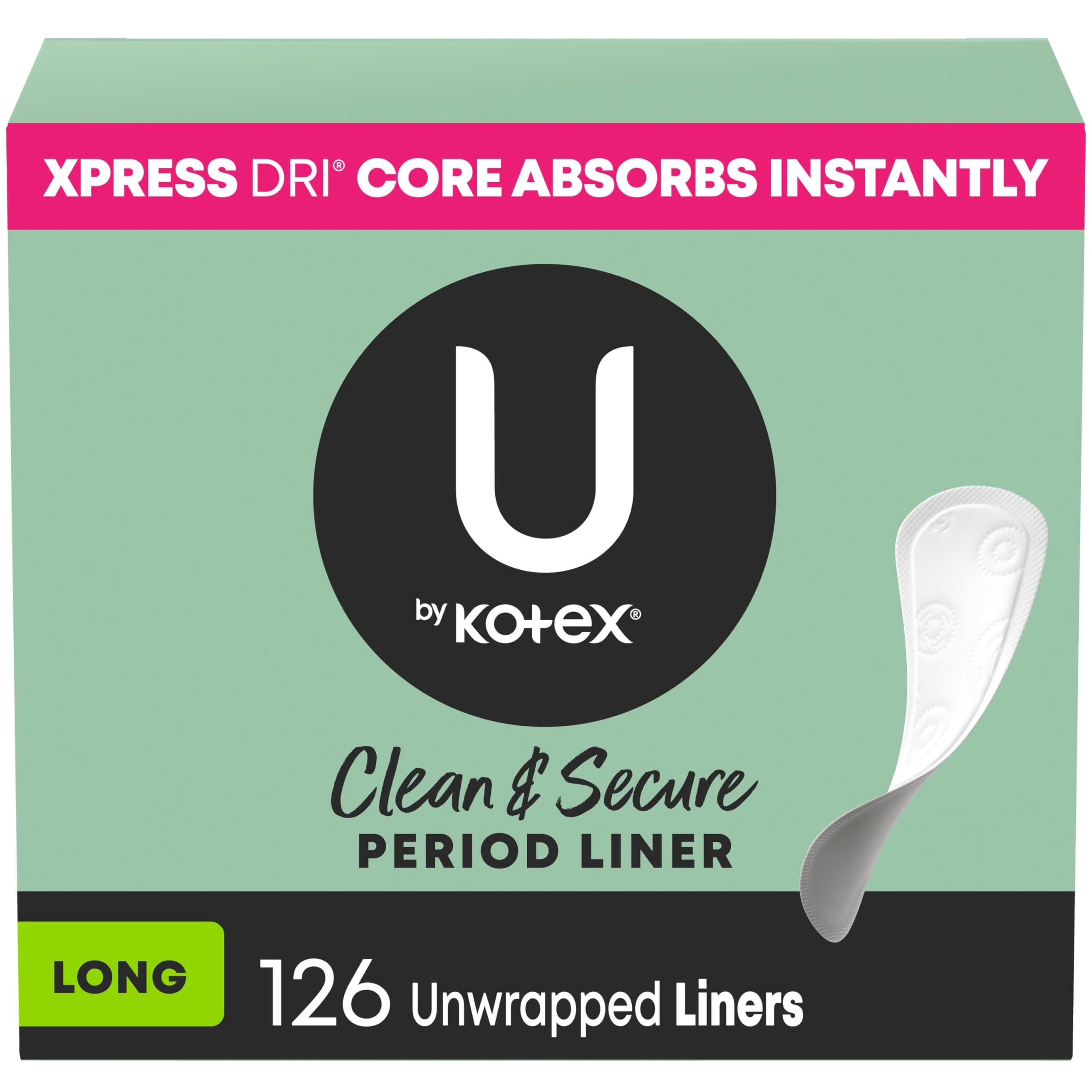 U by Kotex Panty Liners, Clean & Secure, Light Absorbency, Long Length, 126 Count (Packaging May Vary)
