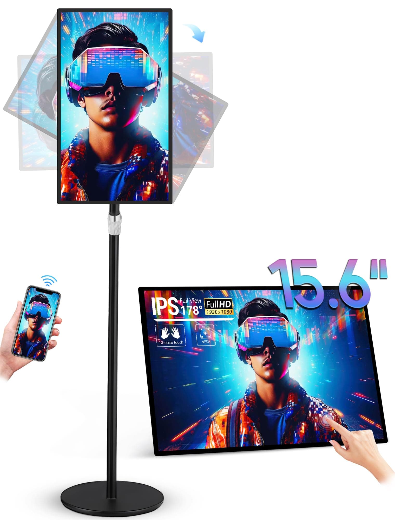 15.6" Digital Signage Capacitive Touchscreen Advertising Display with Adjustable Stand, 10000mAh Battery, Android 11 Commercial LCD Monitor with Auto Play, Wireless Screen Mirroring, 4+64GB