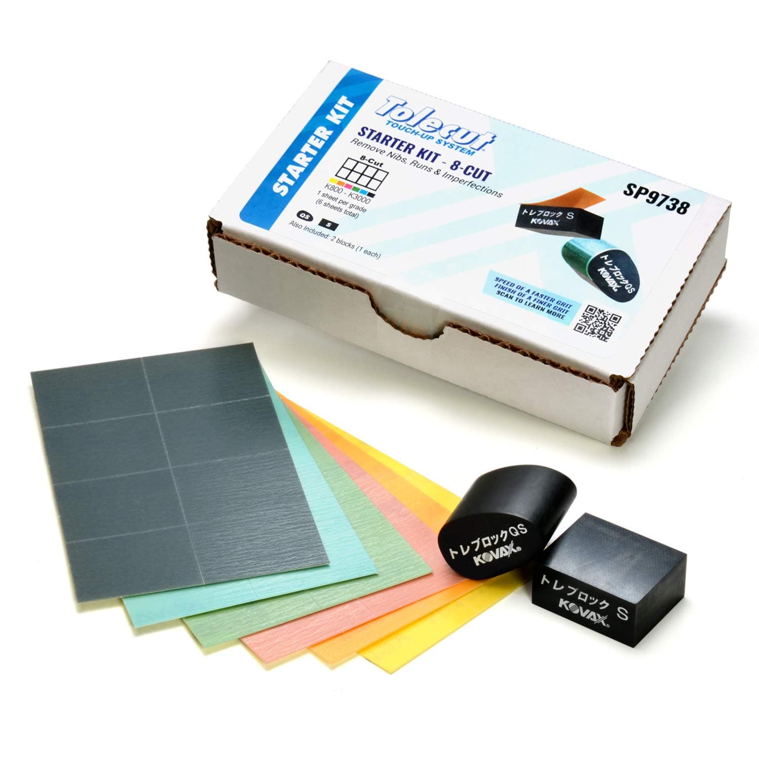 Eagle Abrasives Tolecut Starter Kit - 8-Cut, PSA Sanding Sheets for Nibs, Runs and Imperfections, SP9738, K800 - K3000, 6 Sheets + 2 Toleblocks