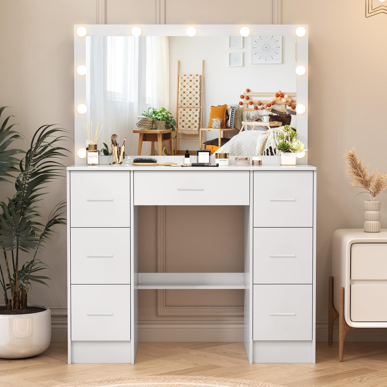 Puselo Dressing Table with Mirror and Drawers,Large Makeup Vanity with 7 Drawers,3 Lighting Color Adjustable, Large Vanity Set Makeup Desk for Bedroom