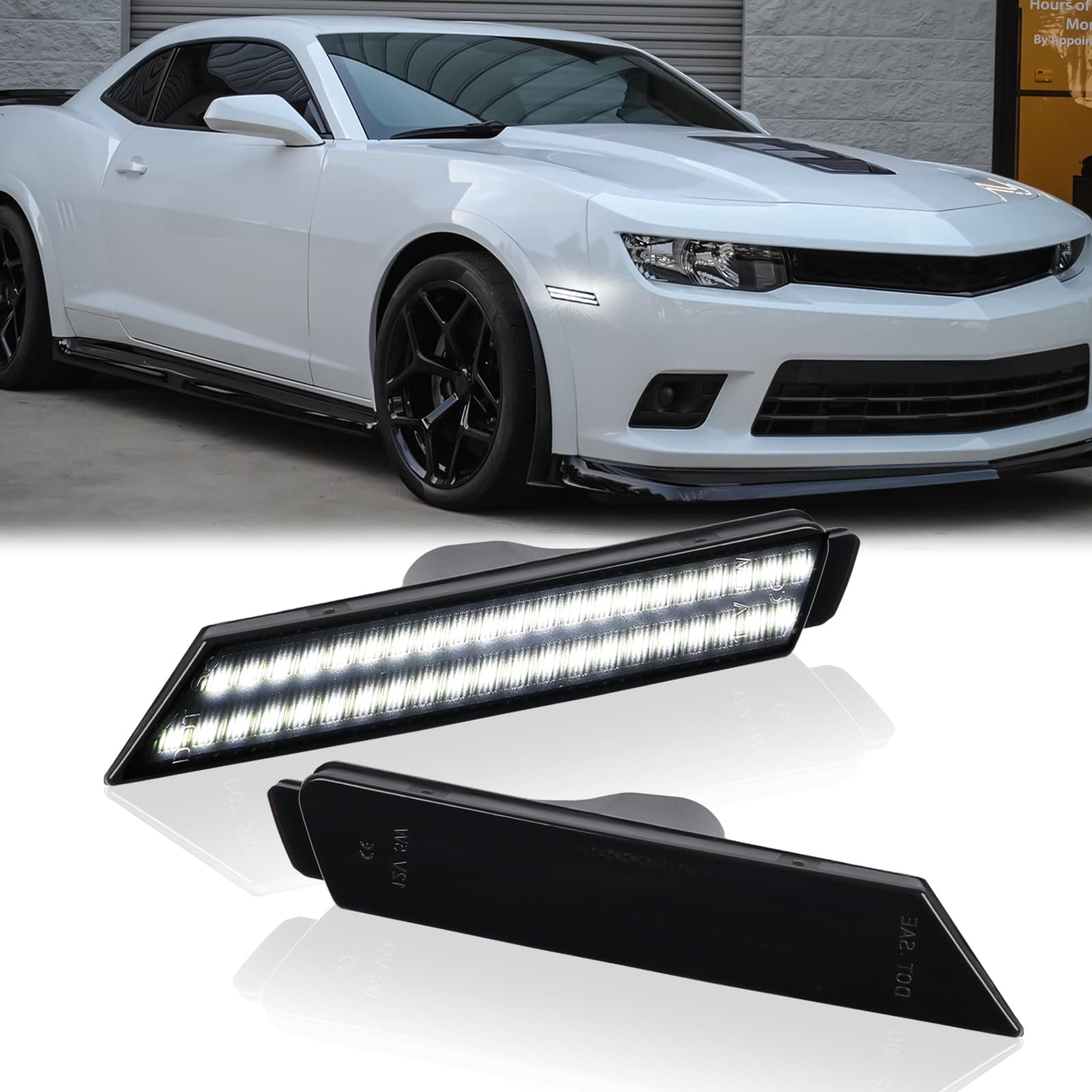 LED Side Marker Lights Front Bumper Sidemarker White Reflectors for 2010-2015 Chevy Camaro 2PCS, Smoked Len, 71212-1-W