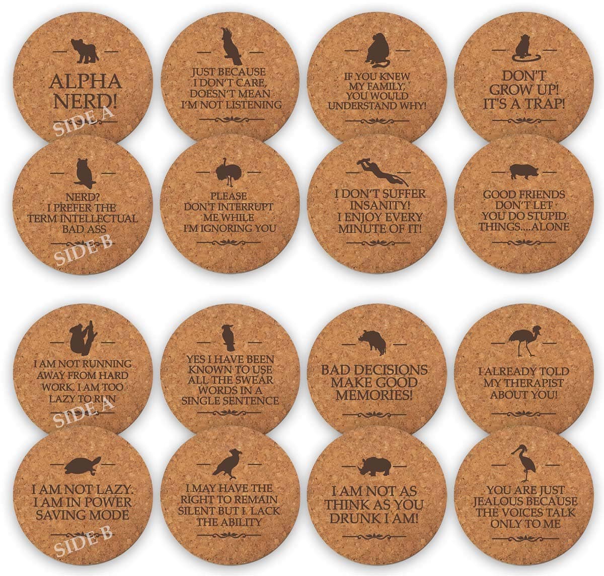 Funny Party Cork Bar Coasters [8 Pack] Double Sided Laser Engraved with 16 Sayings. Have Fun for Birth Day Man Woman Colleague Office Coffee Mug Beer Drinking Glass