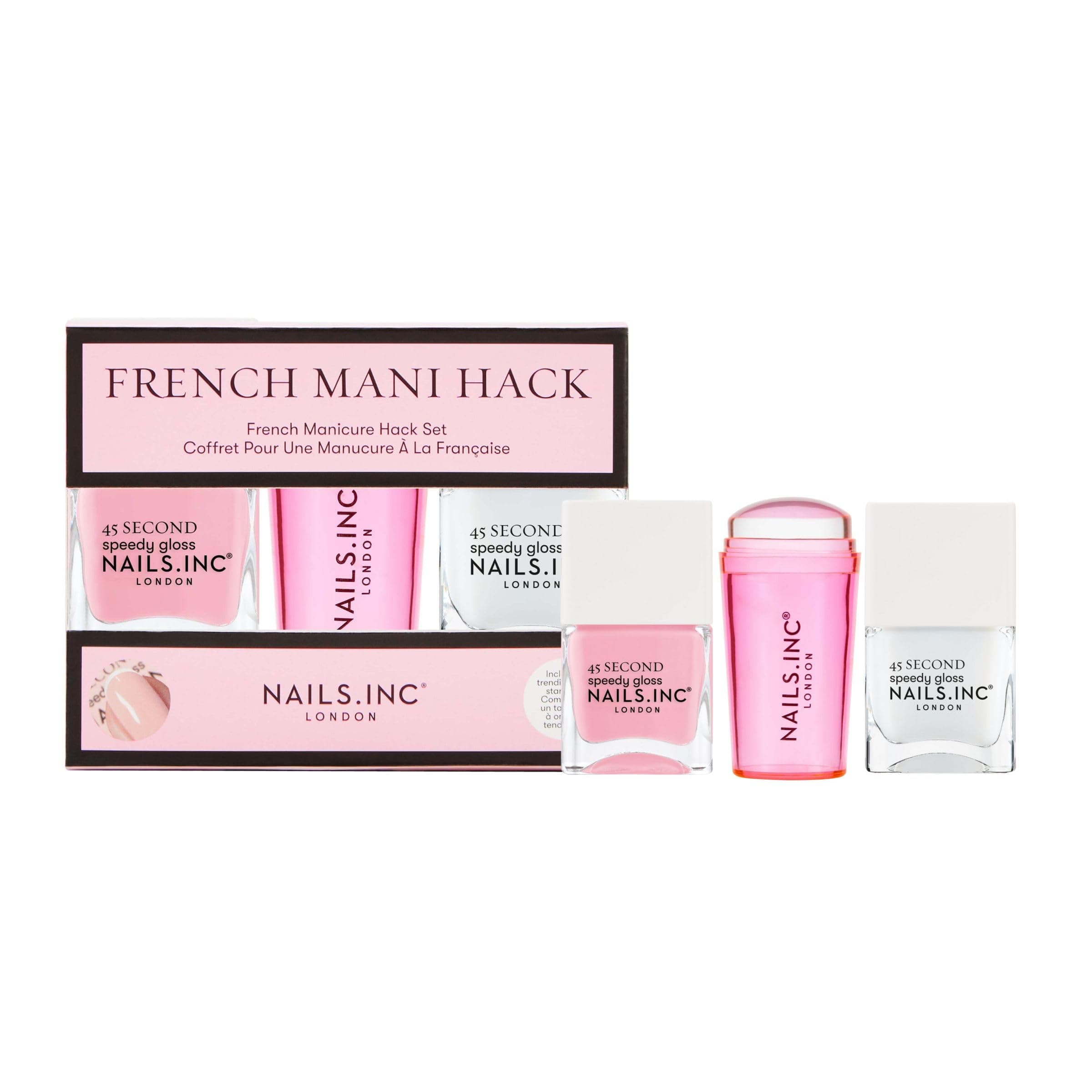 Nails Inc 45 Second Speedy Gloss French Manicure Hack Set, Pink, No Chip, Long Lasting, Quick Dry, Air Dry, Professional Manicures & Pedicures, Silicone Stamper, DIY Nail Art Design, 3 Piece Set