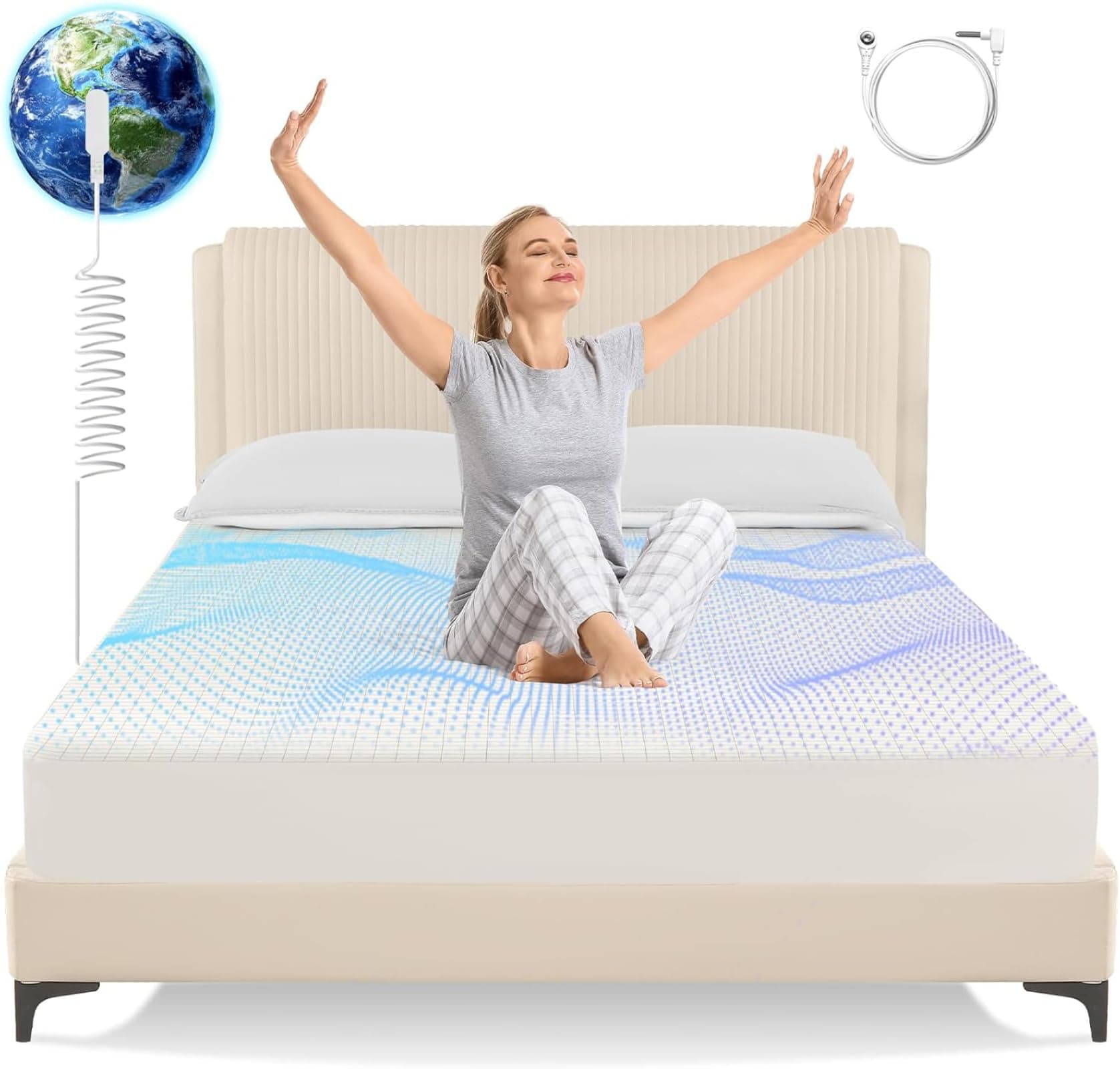 Grounding Sheets King Size,Earth Grounded Fitted Bed Sheet 10% Pure Silver Fiber + 90% Organic Cotton, Bed Grounding Kit with grounding Cord for Improved Sleep & Wellness(Beige,King - 80"x78"x15")