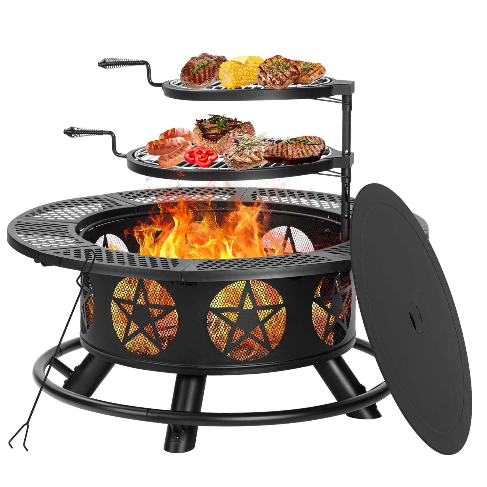 Outvue 42 Inch Fire Pit with 2 Grills, Extra Large Wood Burning Fire Pits for Outside with Lid & Poker, Heavy Duty Firepit,BBQ& Outdoor Fire Pit & Round Metal Table 3 in 1 for Patio, Picnic, Party
