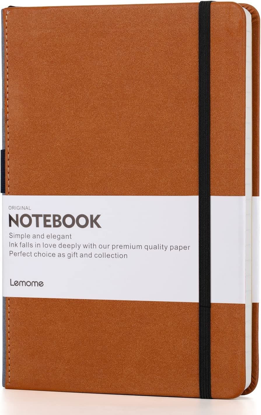 Lemome - Classic A5 Notebook with Pen Holder, Hardcover with Document Pocket, Page Marker and Elastic Closure, 180 Pages, 21.3 x 14.5 cm Ruled Brown