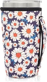 Neoprene Insulated Sleeves Cup Holder with Handle for 20oz Tumbler Cups, Reusable Iced Coffee Sleeve For 30oz - 32oz coffee cups(Daisy Blooming)