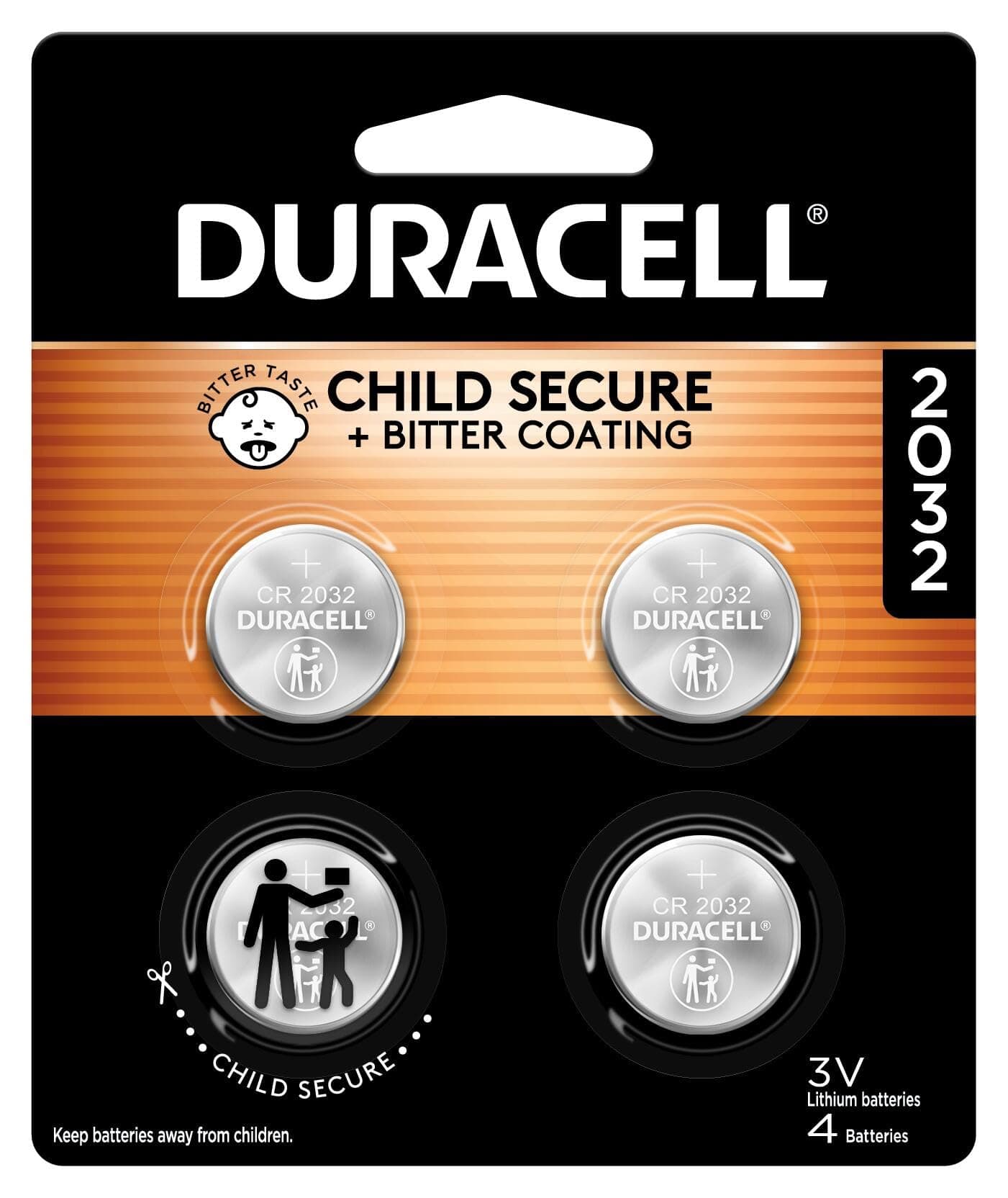 Duracell 2032 Lithium Battery. 4 Count Pack. Child Safety Features. Compatible with Apple AirTag, Key Fob, and other devices. CR2032 Lithium 3V Cell. 2032 Battery, Lithium Coin Battery