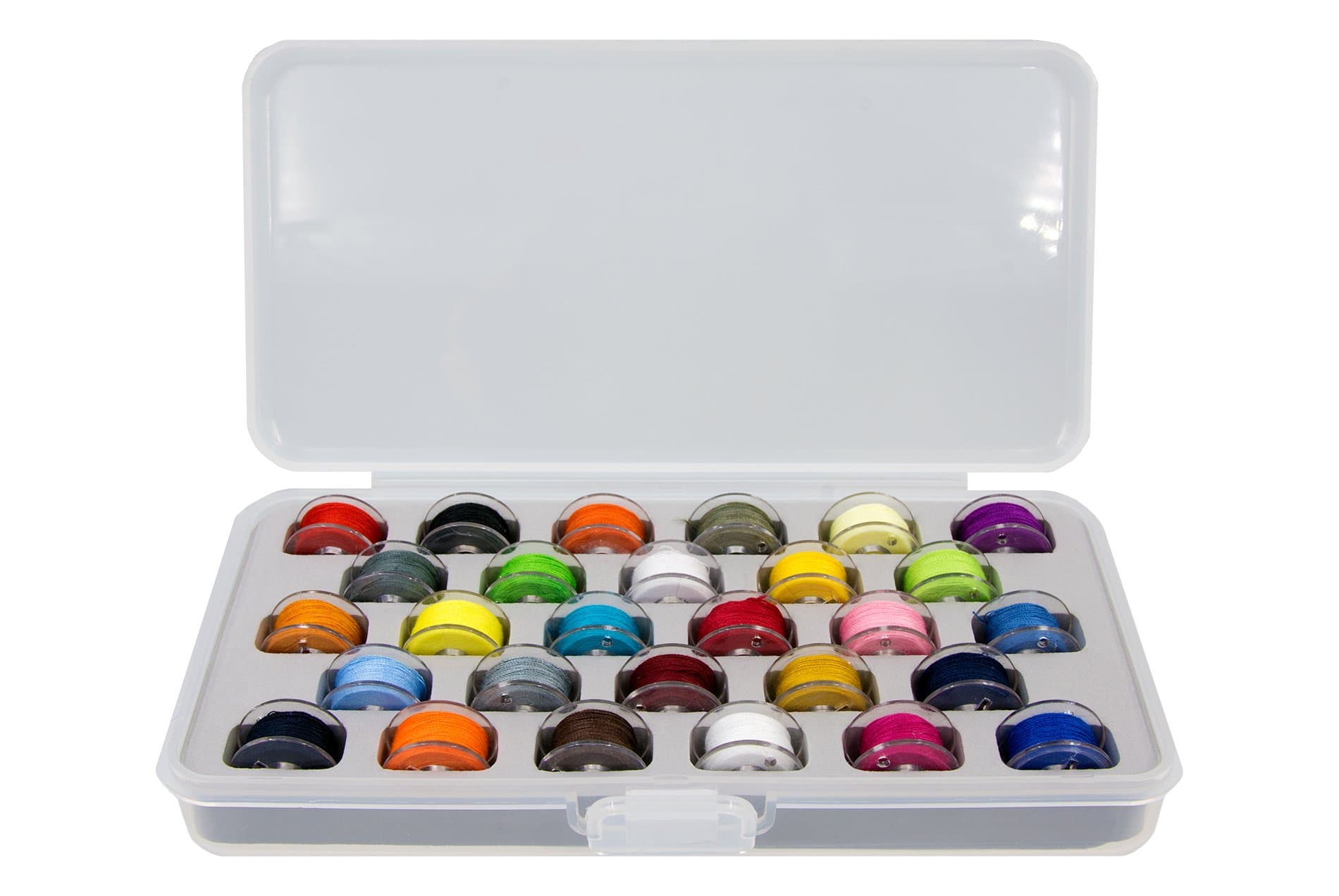 Ultima Bobbin Case with Bobbins –28 Class-15 (SA156) Clear Plastic Bobbins in a Durable See Through Storage Box – Each Bobbin is Pre-Wound with Assorted Color Thread