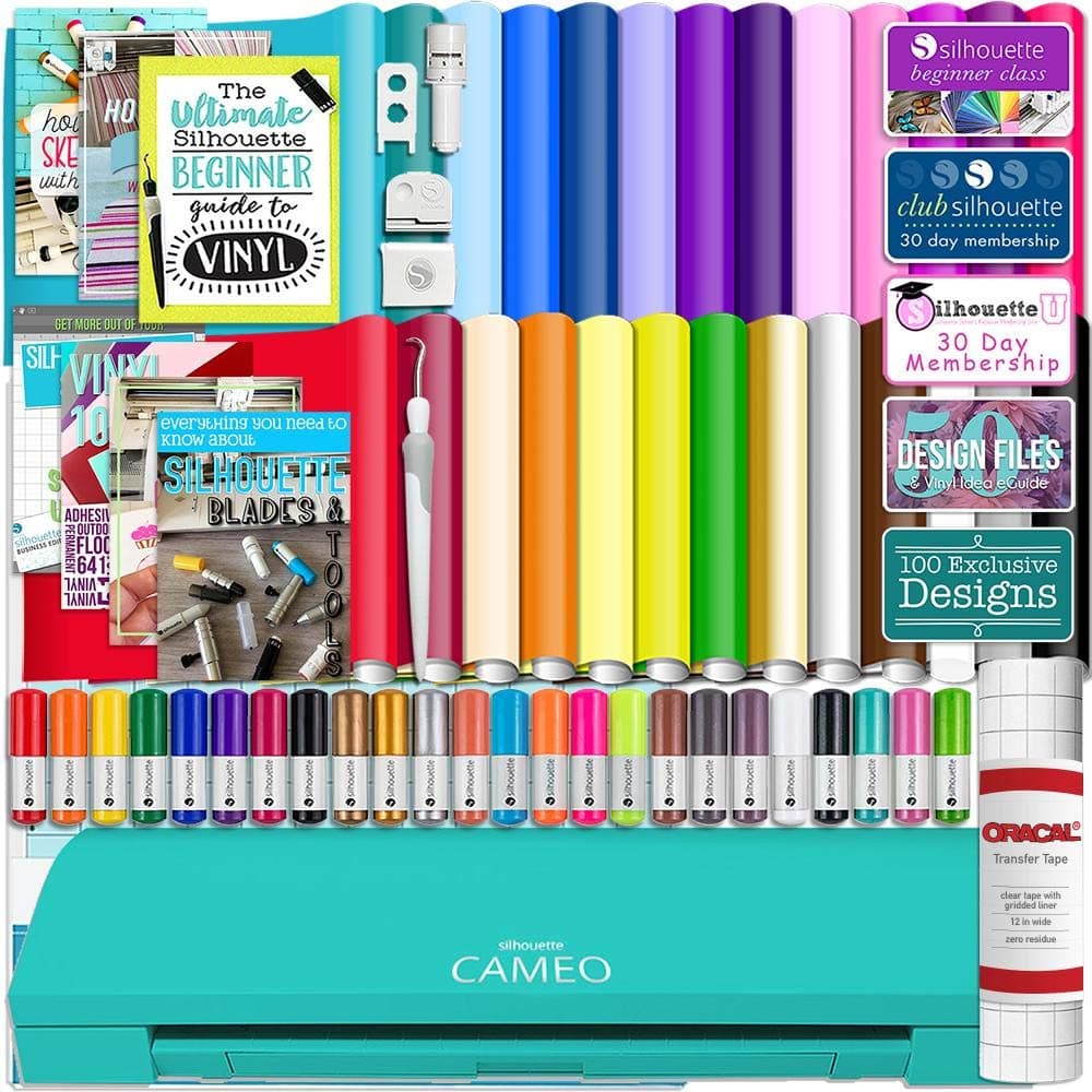 Silhouette Cameo 3 Teal Bluetooth Starter Bundle with 26-12" x 12" Oracal Vinyl Sheets, Transfer Paper, Guide, Class, Designs, 24 Sketch Pens