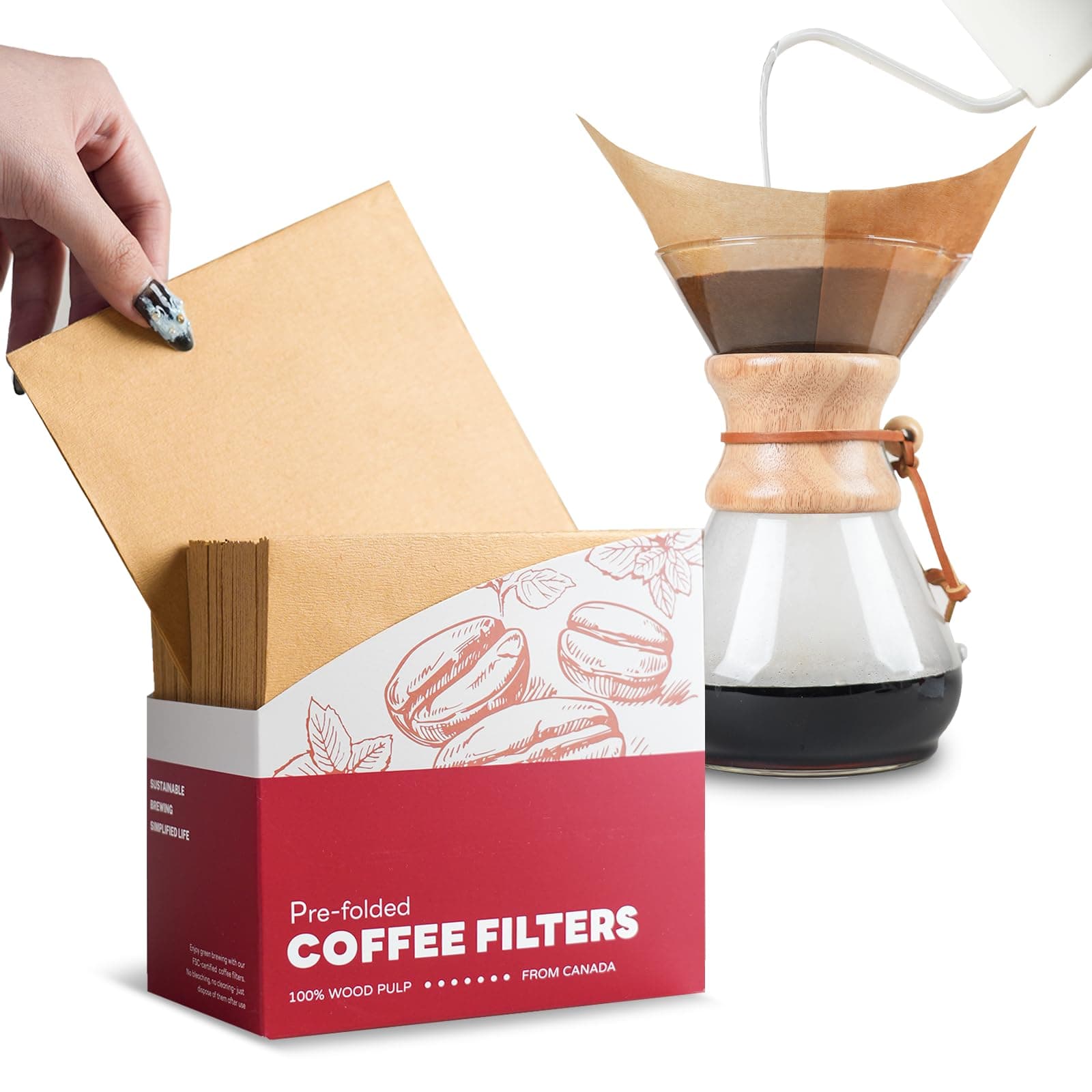 Pre-folded Natural Unbleached Coffee Filters - 100 Count, Compatible with Pour-Over Coffee Makers