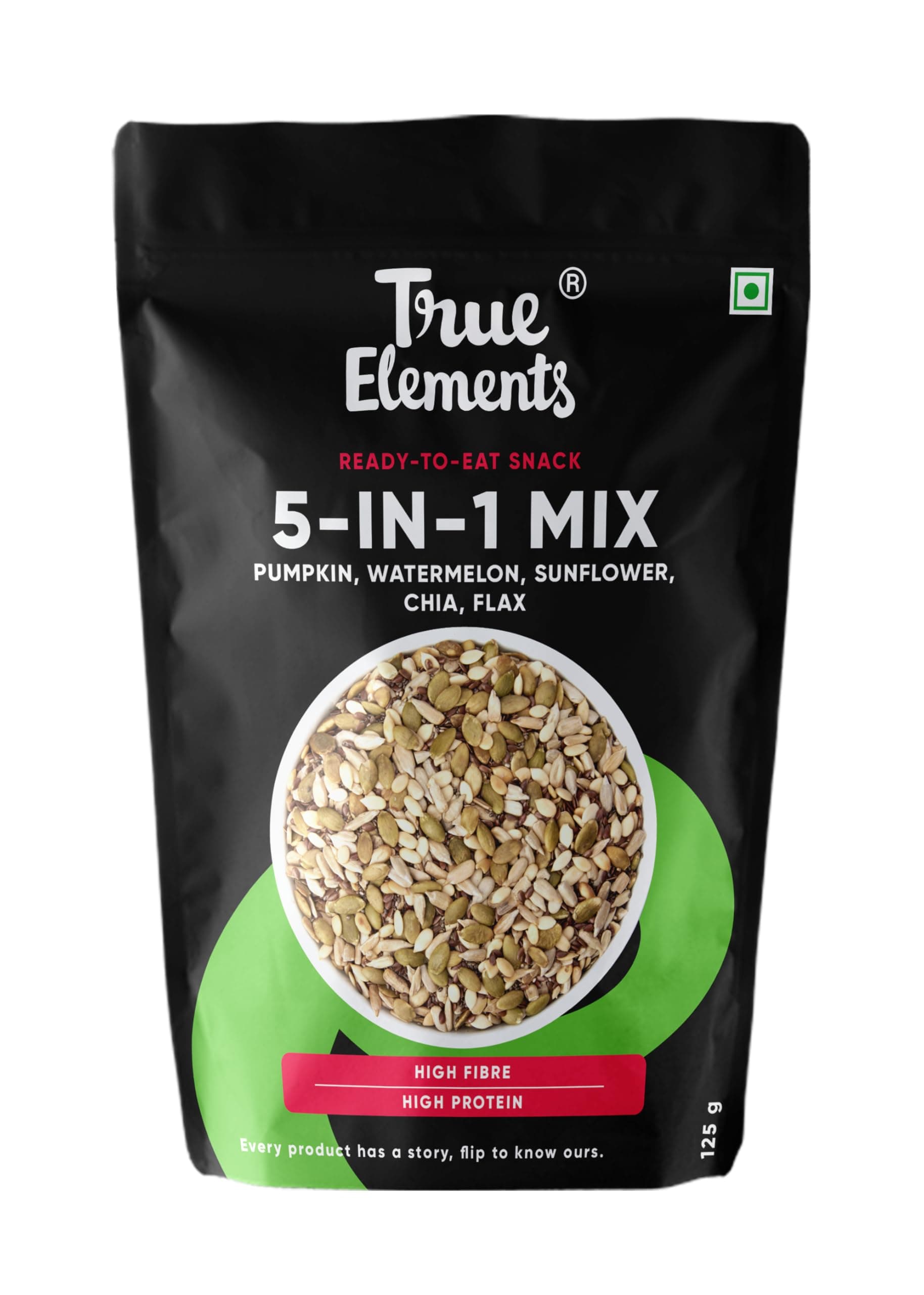 True Elements 5 in 1 Super Seeds Mix 125g - Roasted Sunflower, Pumpkin, Flax, Watermelon & Chia Seeds, Healthy Snacks for Weight Loss
