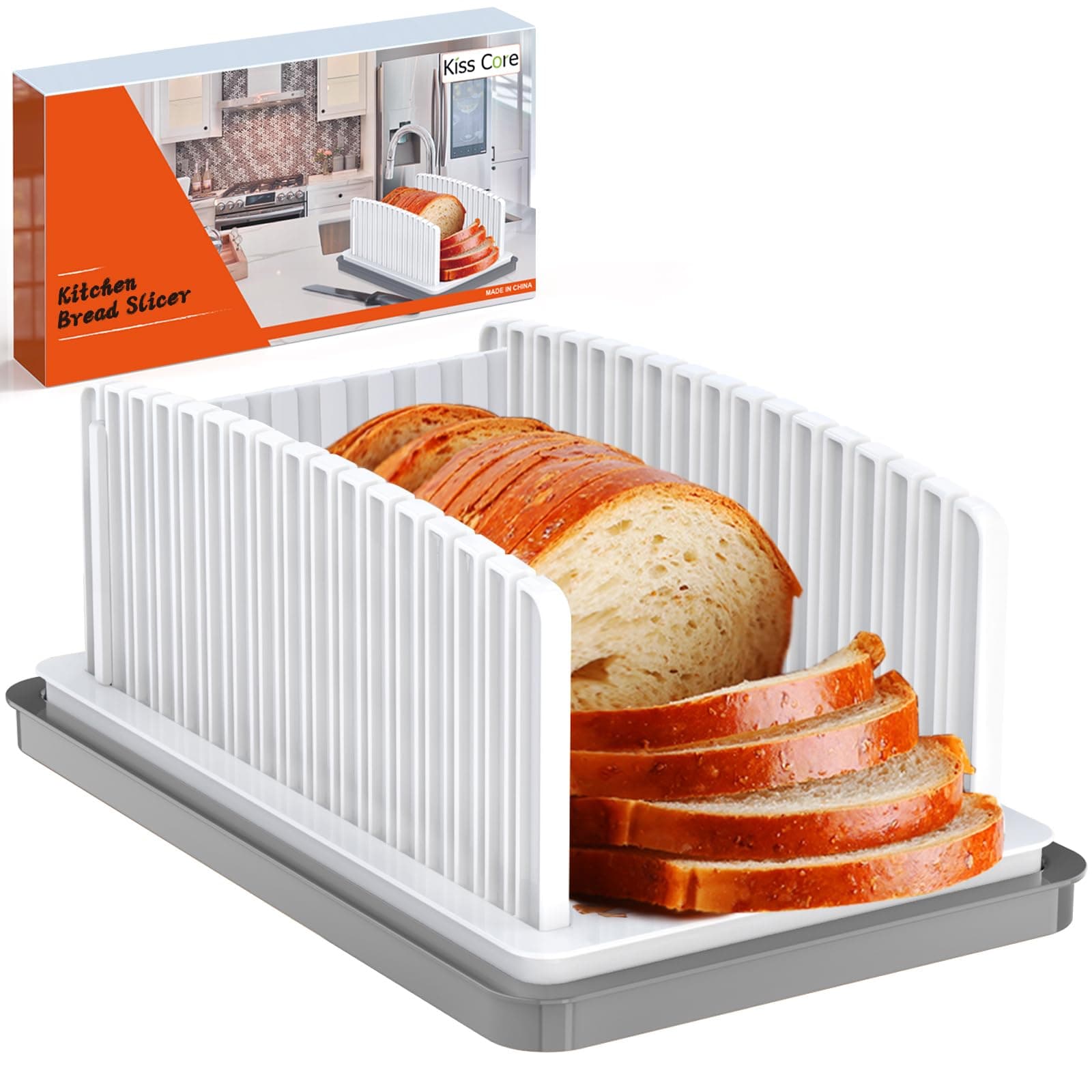 New Upgrade Bread Slicer for Homemade Bread, Bread Slicing Guide Adjustable Width, Foldable and Compact Cutting Guide with Crumb Tray, Suitability for Homemade Bread, Bagels, Cakes