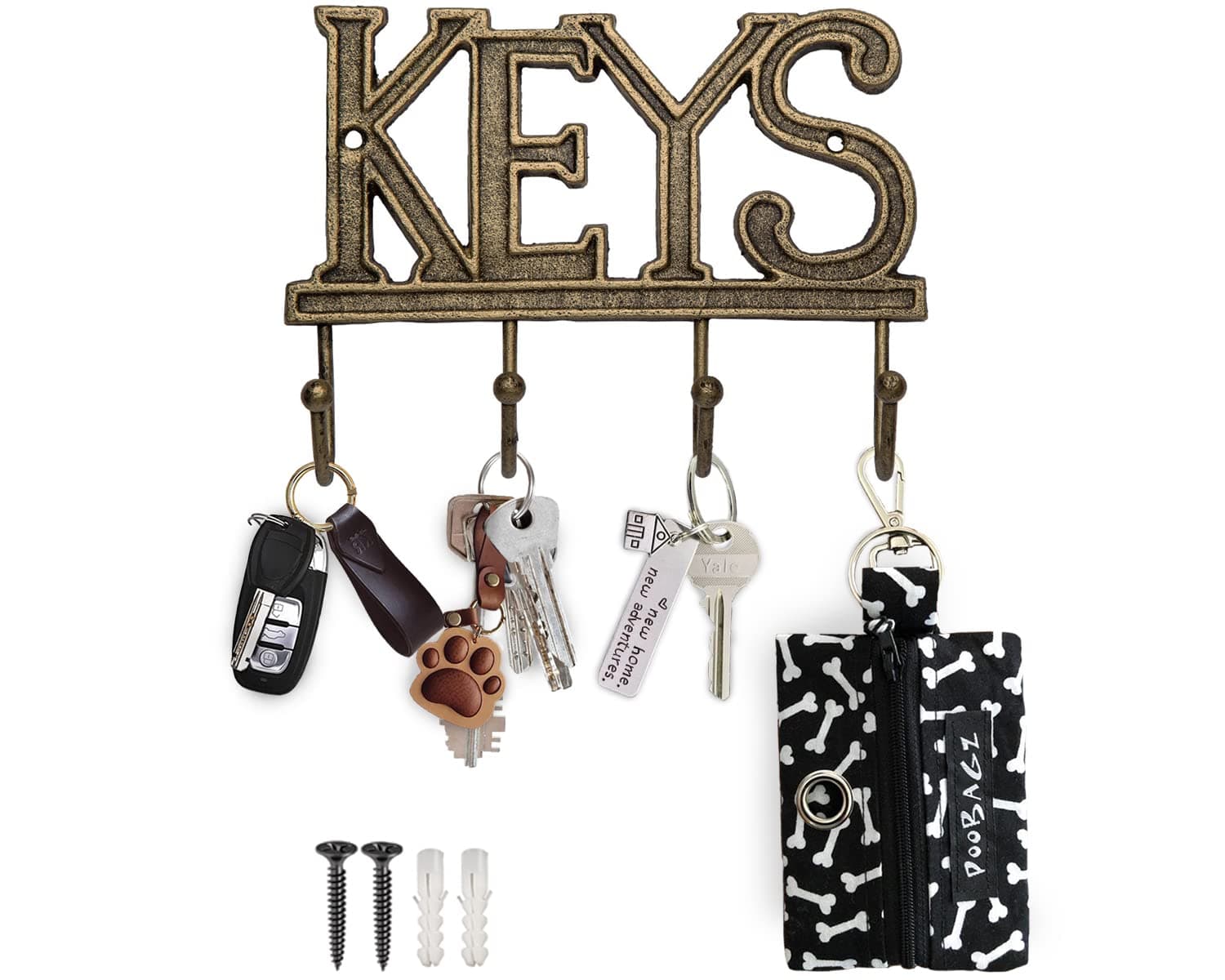 Comfify Key Holder for Wall - Decorative Farmhouse Rustic Wall Mount Key Organizer with 4 Hooks - Vintage Cast Iron Key Rack with Screws and Anchors – 6x8 - Gold with Black