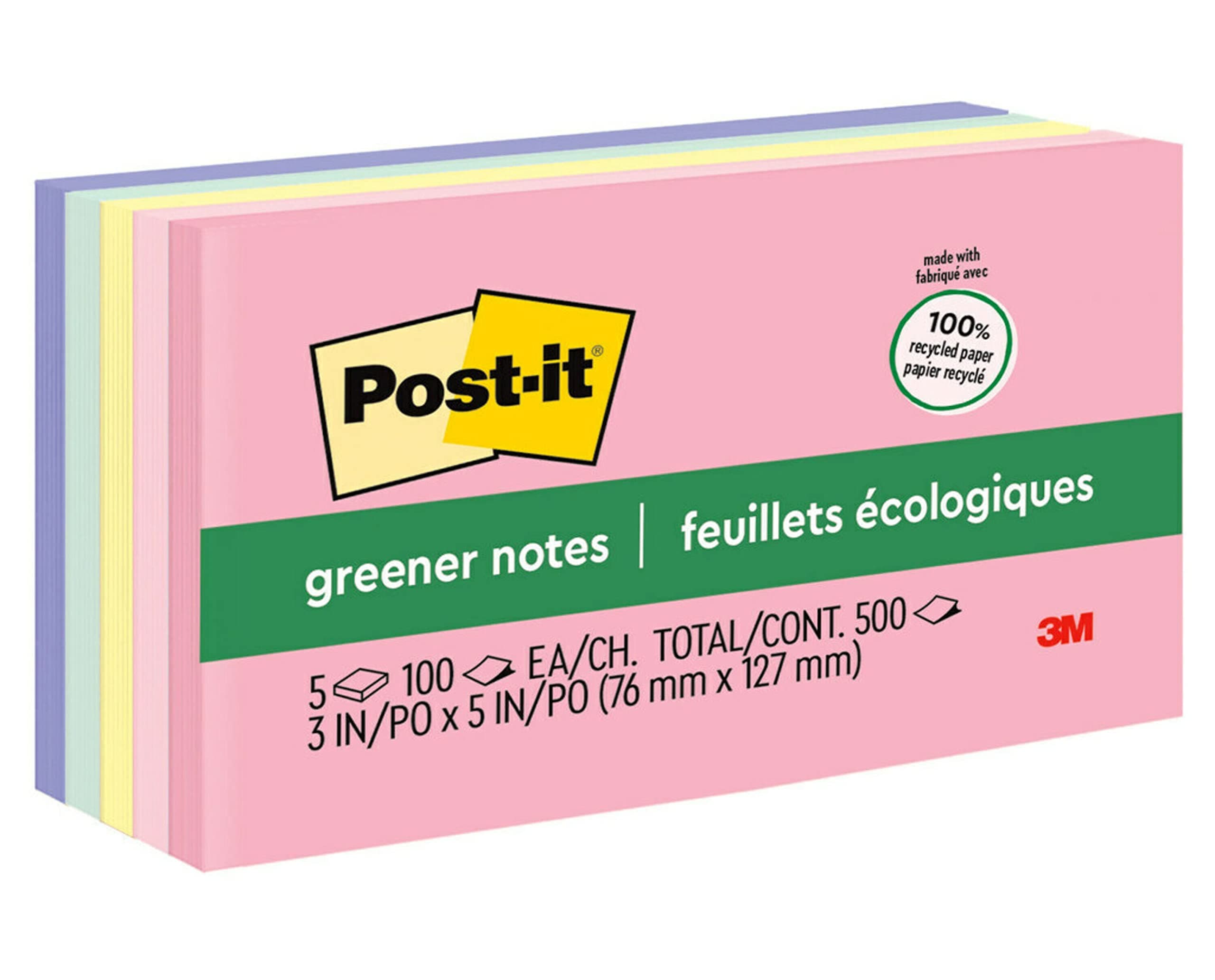 Post-it Greener Notes 3x5 in 5 Pads America's #1 Favorite Sticky Notes Helsinki Collection Pastel Colors (Pink Blue Mint Yellow) Clean Removal 100% Recycled Material (655-RP-A)