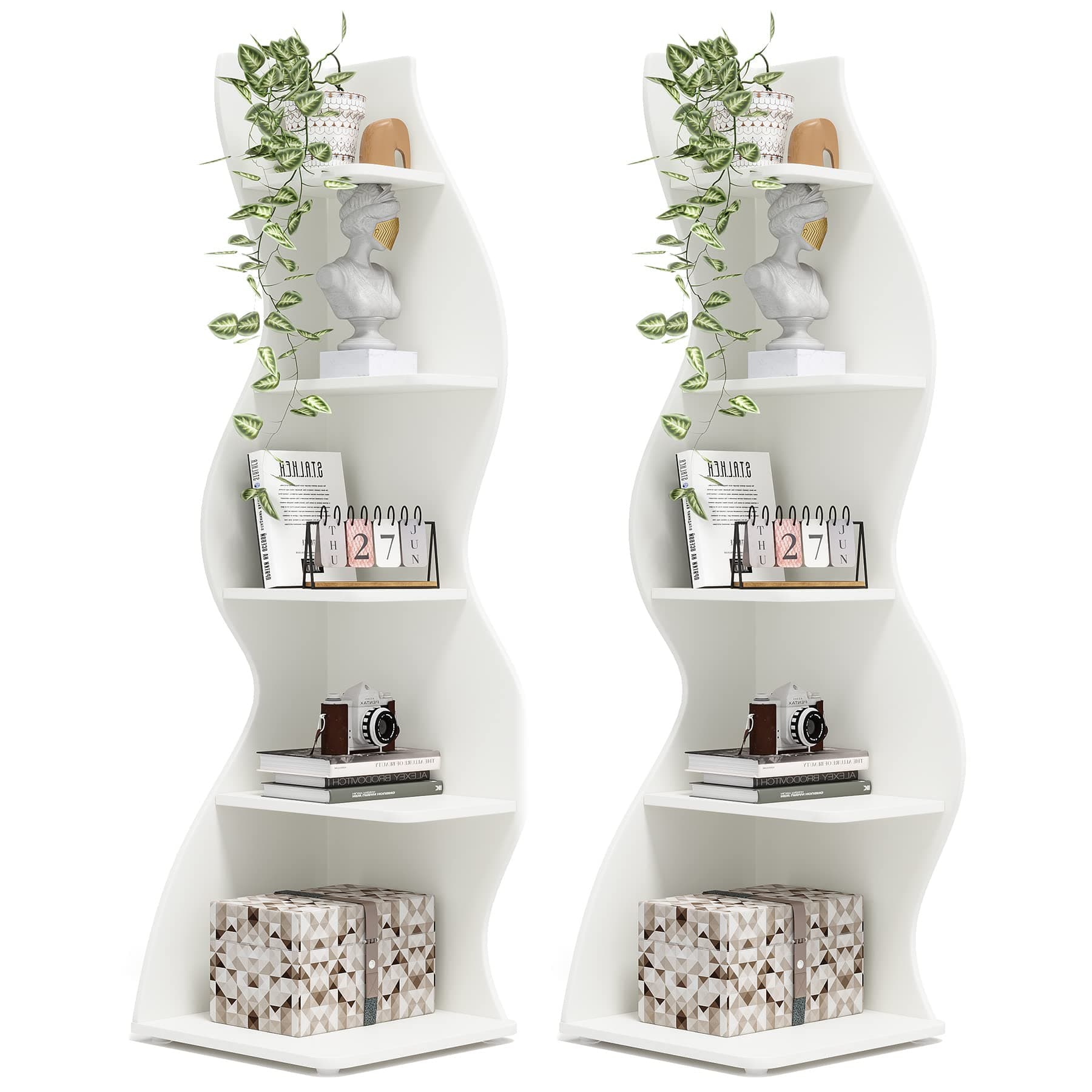 Tribesigns Corner Shelf, Modern 5-Tier Wall Corner Bookshelf Set of Two, Stylish Corner Small Bookcase Storage Rack Plant Stand for Living Room, Home Office, Kitchen, Small Space White, 2PCS