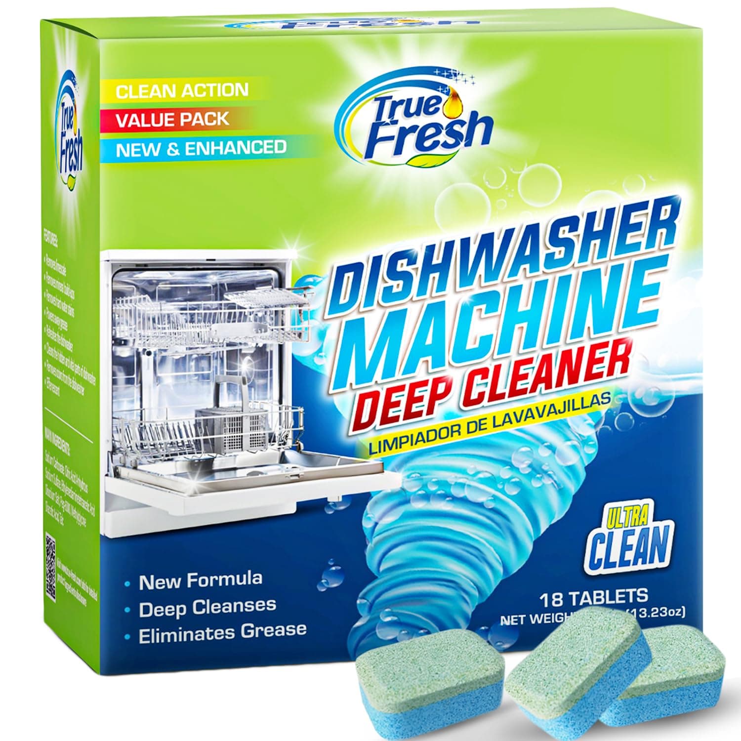 True Fresh Dishwasher Cleaner & Deodorizer Tablets 18-Pack, 20g Each - Powerful Limescale & Odor Removal - Deep Clean for Sparkling Dishwashers - Safe, Effective, and Compatible with All Models
