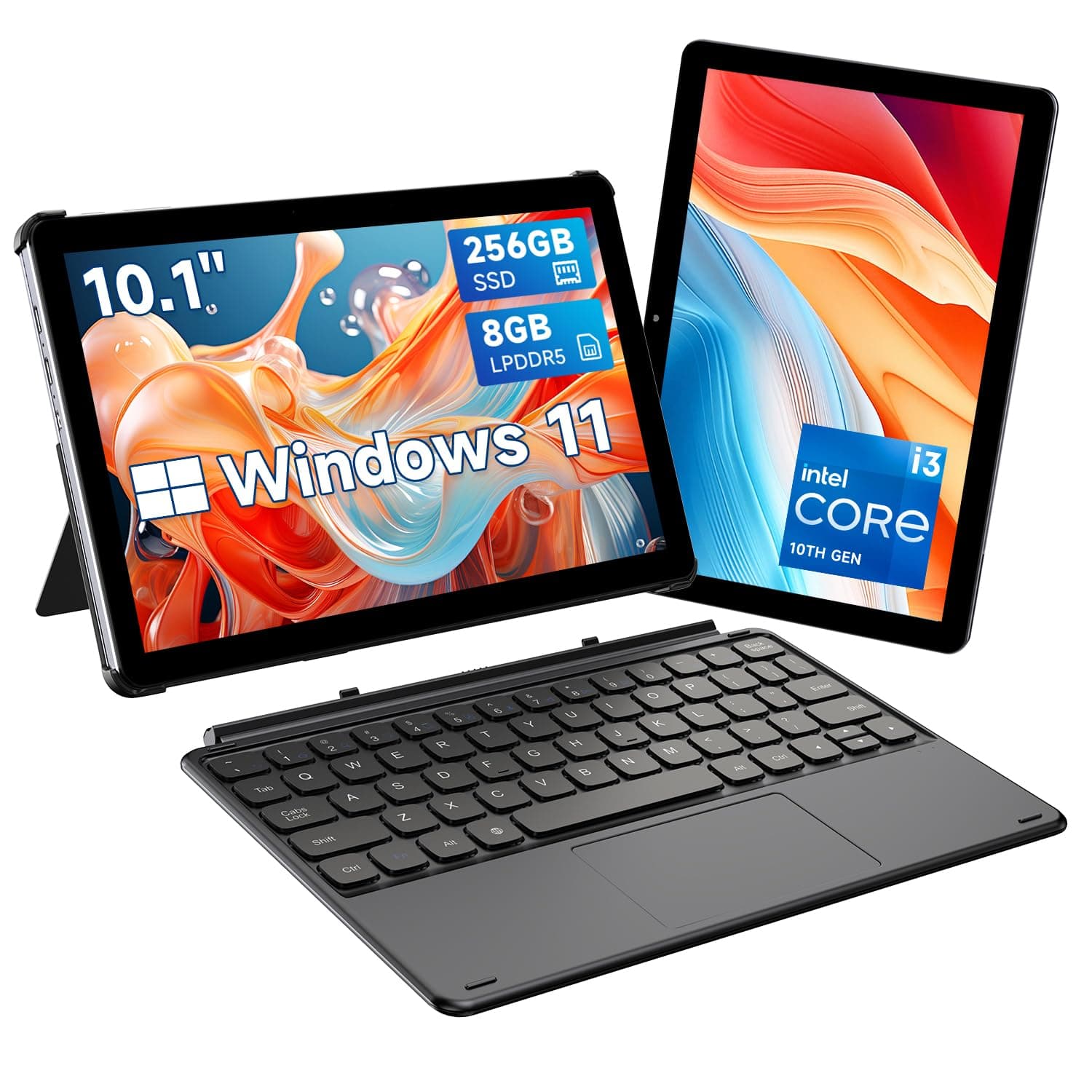 2 in 1 Laptop 10.1", Intel Core i3 (up to 3.9GHz), 8GB RAM 256GB SSD, Windows 11 Tablet with Magnetic Keyboard, WiFi 6, BT 5.3, Dual Cameras, HD IPS Touchscreen, HDMI,Type C, USB 3.2