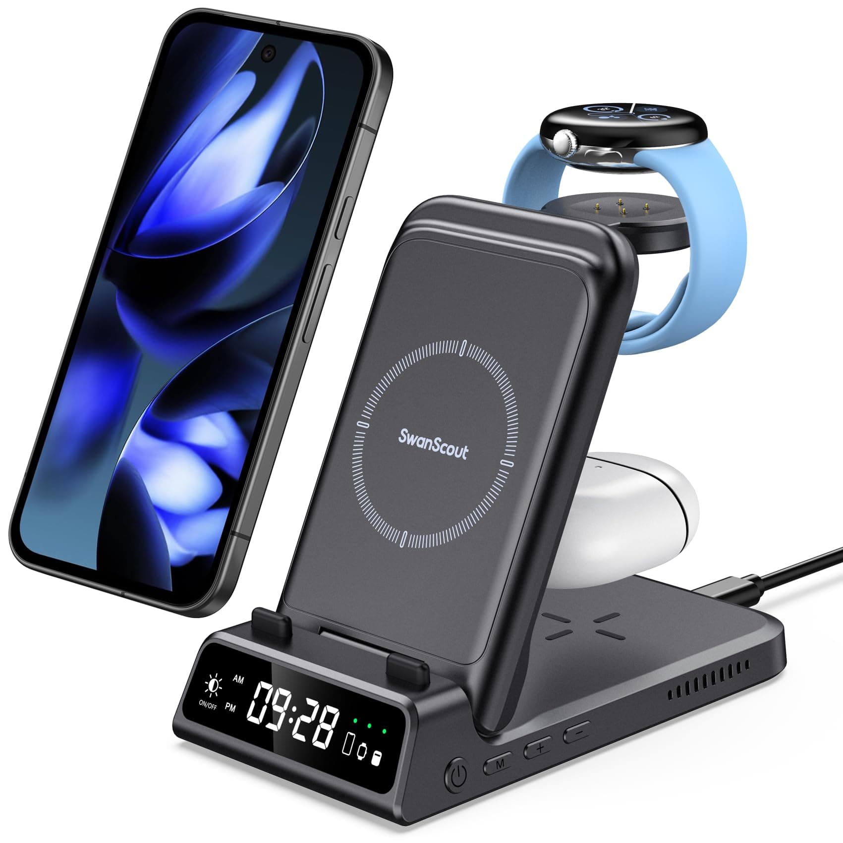 Wireless Charger for Google Pixel Watch 3/2/Fitbit Versa 4/3/Sense 2/1, 3 in 1 Charging Station for Google10/10a/9a/9/9 Pro/9 Pro XL/8/7/Samsung S26 Ultra/iPhone 17, Pixel Buds Pro 2, SwanScout 703G2