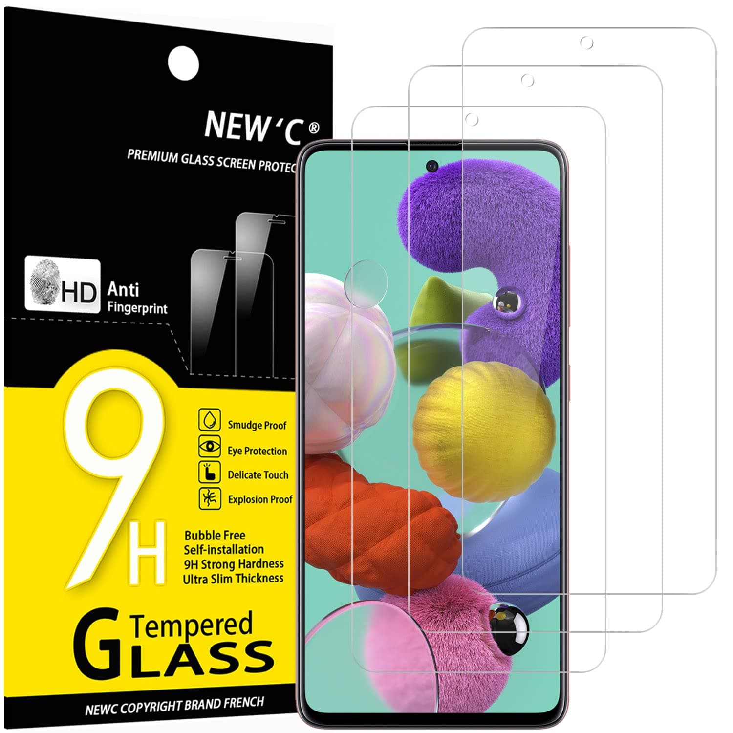 NEW'C 3 Pack Designed for Samsung Galaxy A51 Screen Protector Tempered Glass, Case Friendly Anti Scratch Bubble Free Ultra Resistant