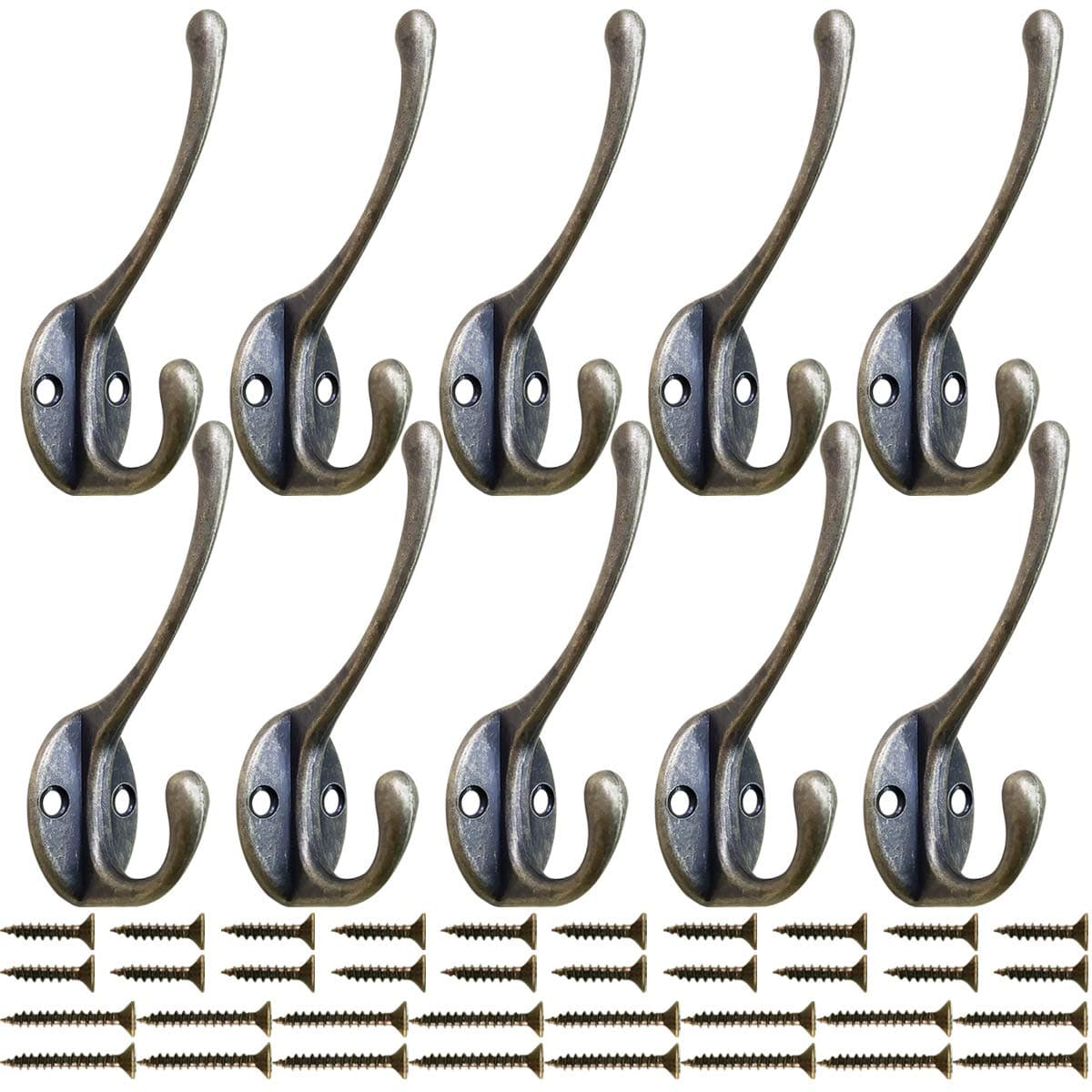 10 Pack Heavy Duty Dual Coat Hooks Wall Mounted with 40 Screws (Two Types of Screws Included) Retro Double Utility Rustic Hooks for Coat, Scarf, Bag, Towel, Key, Cap, Cup, Hat（Bronze）