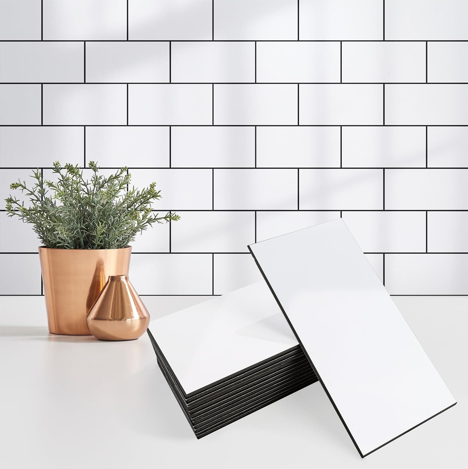 StyloVue 100 Pieces Peel and Stick Backsplash for Kitchen, 3" x 6" PVC Subway Tile 2026 Upgraded Glossy White with Dark Gray Grout Backsplash Stick on Tile Elevate Kitchen, Bathroom, Fireplace,RV