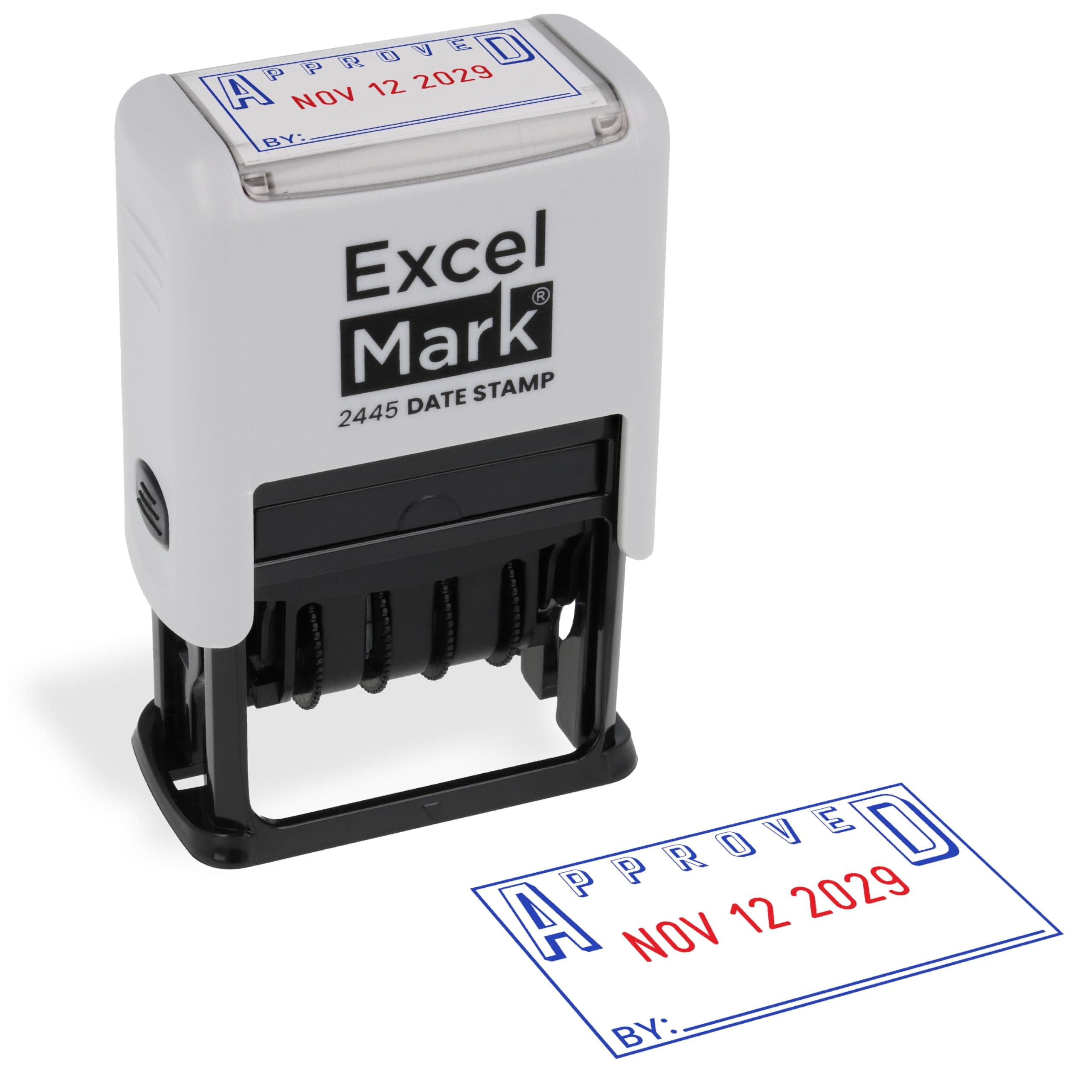 ExcelMark 2445 Date Stamp with Text - Blue and Red Ink (Gray Mount, Approved)