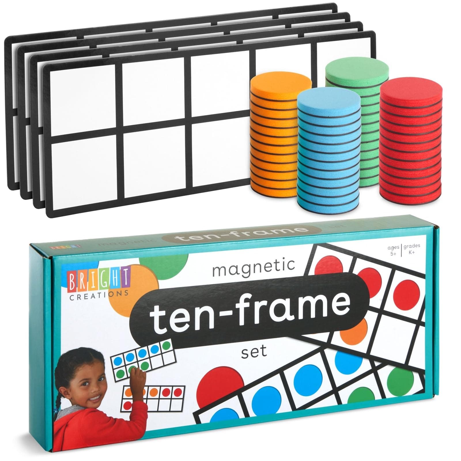 Bright Creations 4 Pack Giant Magnetic Ten Frames with 48 Math Counters, Magnet Frame for Classroom Learning