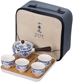 Youngky Porcelain Chinese Ceramic Gongfu Tea Set,Portable Travel Tea Set with 360 Rotation Tea maker and Infuser, All in One Gift Bag for Travel,Home,Gifting,and Office (White Blue)