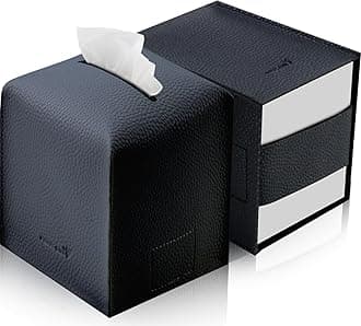 Tissue Box Cover 5X5X5'' PU Leather Tissue Holder Square Tissue Cube Box Organizer for Bathroom Vanity Countertop, Car, Night Stands, Office, Home, Kitchen (2Pack, Black)