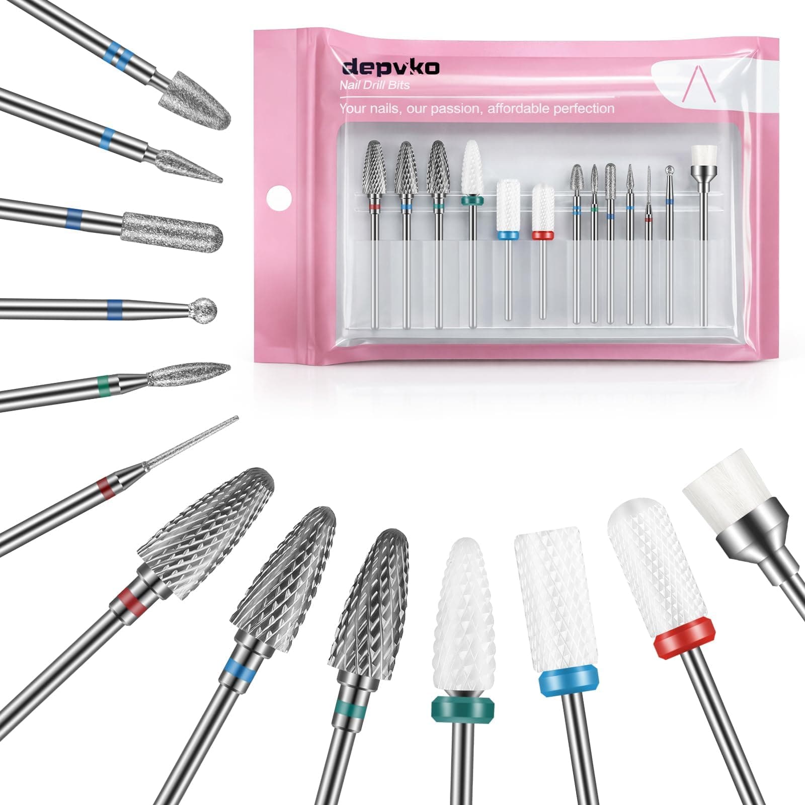 13PC Nail Drill Bits Set, Drill Bits for Nails, 3pcs Tungsten Carbide Drill Bits+ 3pcs Ceramic Efile Nail Drill Bits+ 6pcs Diamond Drill Bits+ 1pcs Brush, 3/32 inch Nail Bits for Nail Drill
