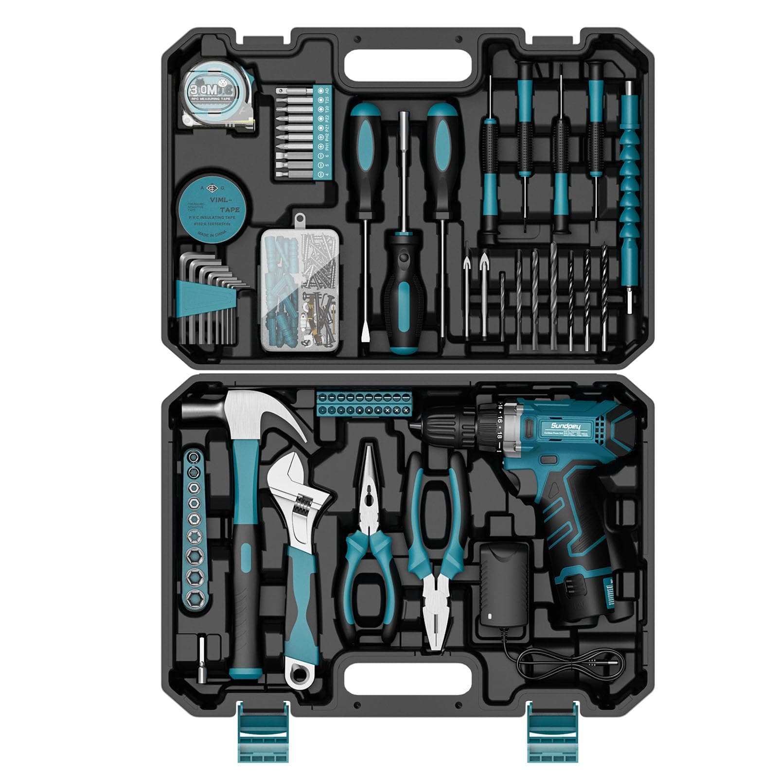 SundpeyTool kit with Drill 12V - 206PCs Cordless Drill Combo Kit - Protable Basic Household Tool Set for Home Office Garden Car Repair Tool Box with DIY Hand Tool Kits for Men Women