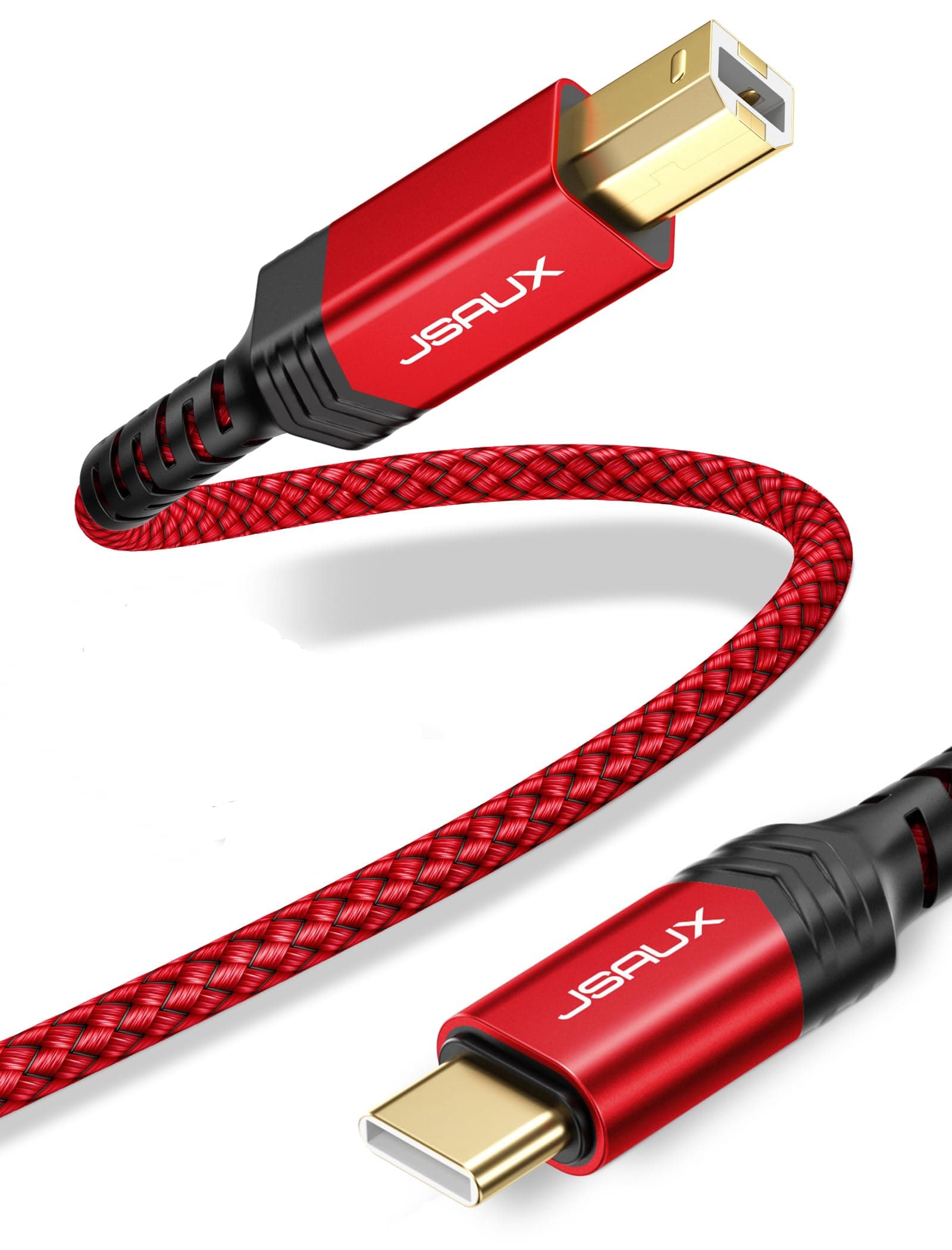 JSAUX USB B to USB C Printer Cable 15ft, Nylon Braided MIDI Cable Compatible With MacBook Pro, HP, Epson, Canon, Brother, Lexmark, Xerox Printers and Scanner - Red