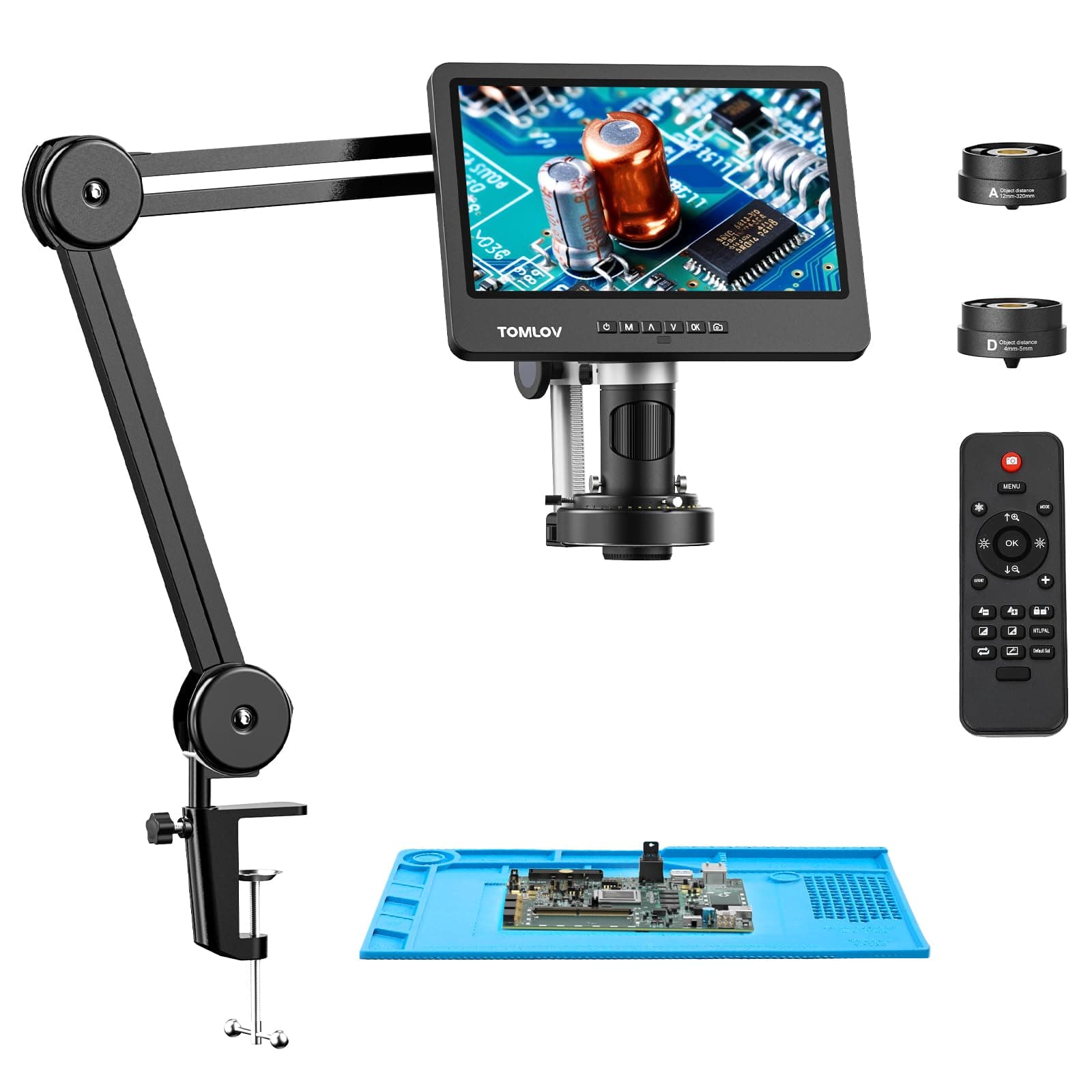 TOMLOV DM602 Flex Digital Soldering Microscope 2000x, Flexible Arm, 10.1" HDMI Microscope with 3 Lens, Coin Magnifier with Ring Light, Adults LCD Video Magnifying Glass, Electronic Repair Mat,64GB