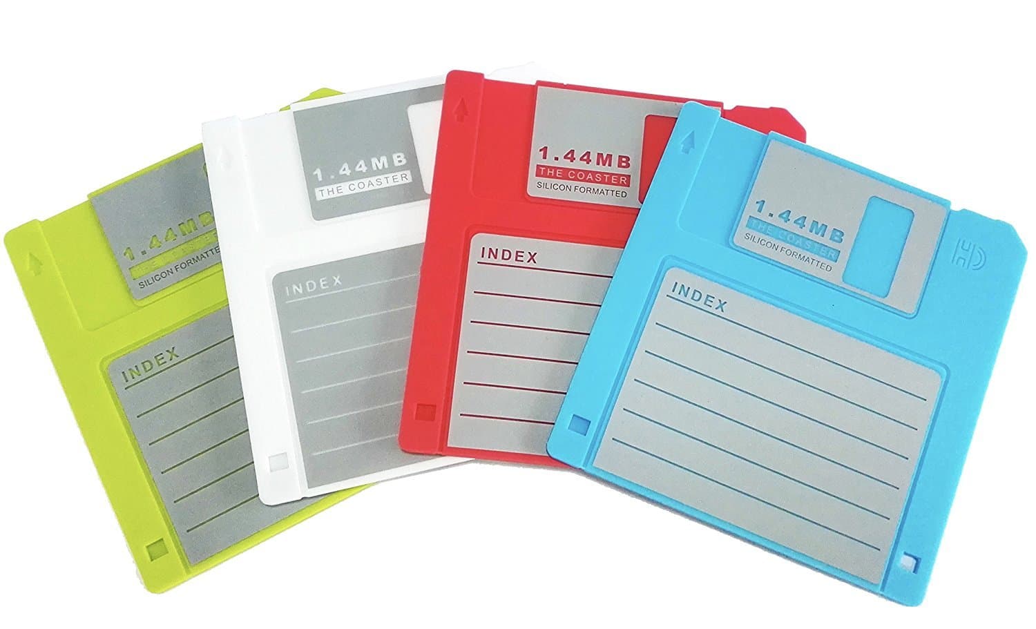 PHT Silicone Blanked Label Retro 3.5 Inches Floppy Disk All-weather Drink Coasters, 4.7 x 3.6, Set of 4 Black, Red, Yellow, and Blue