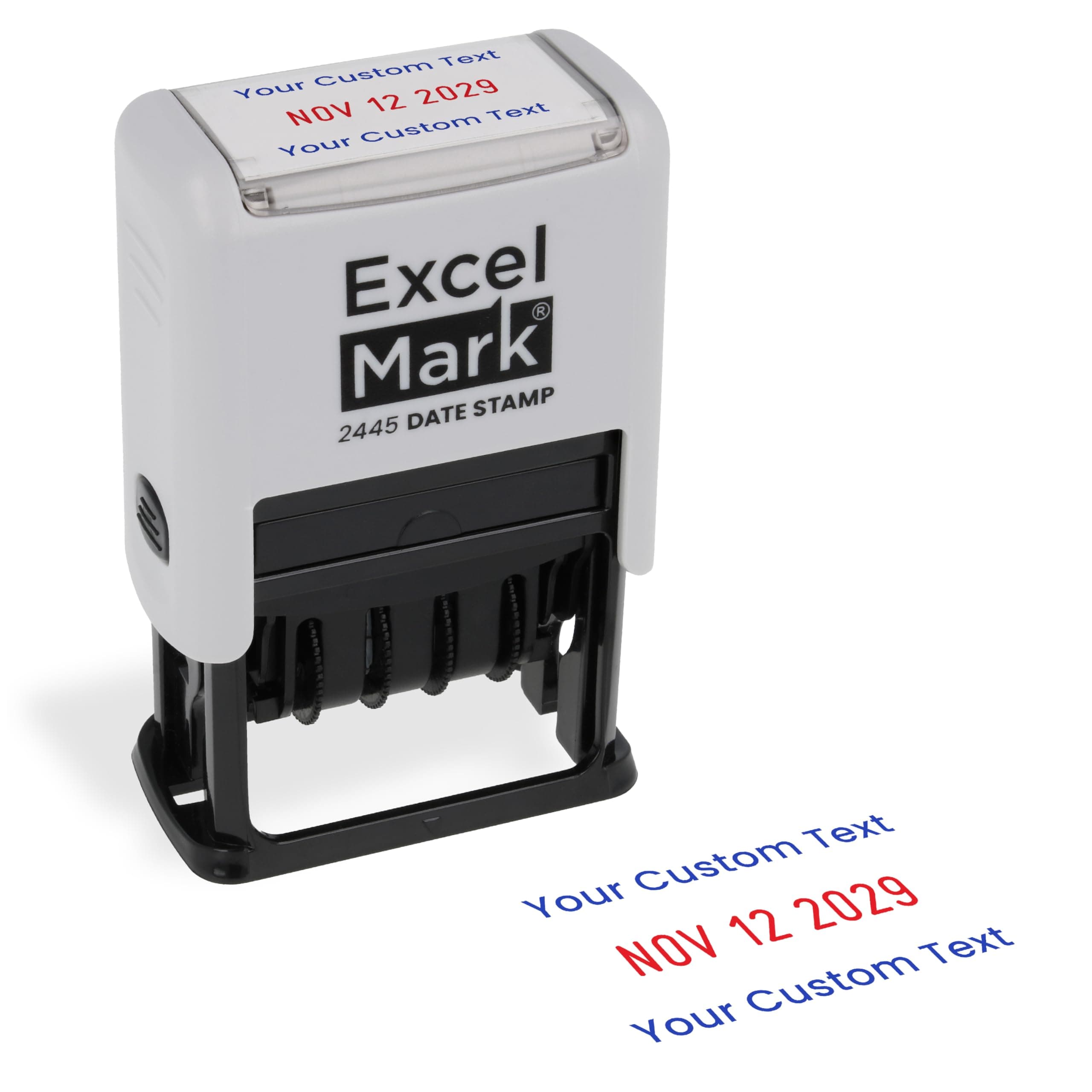 ExcelMark 2445 Date Stamp with Text - Blue and Red Ink (Gray Mount, Custom)