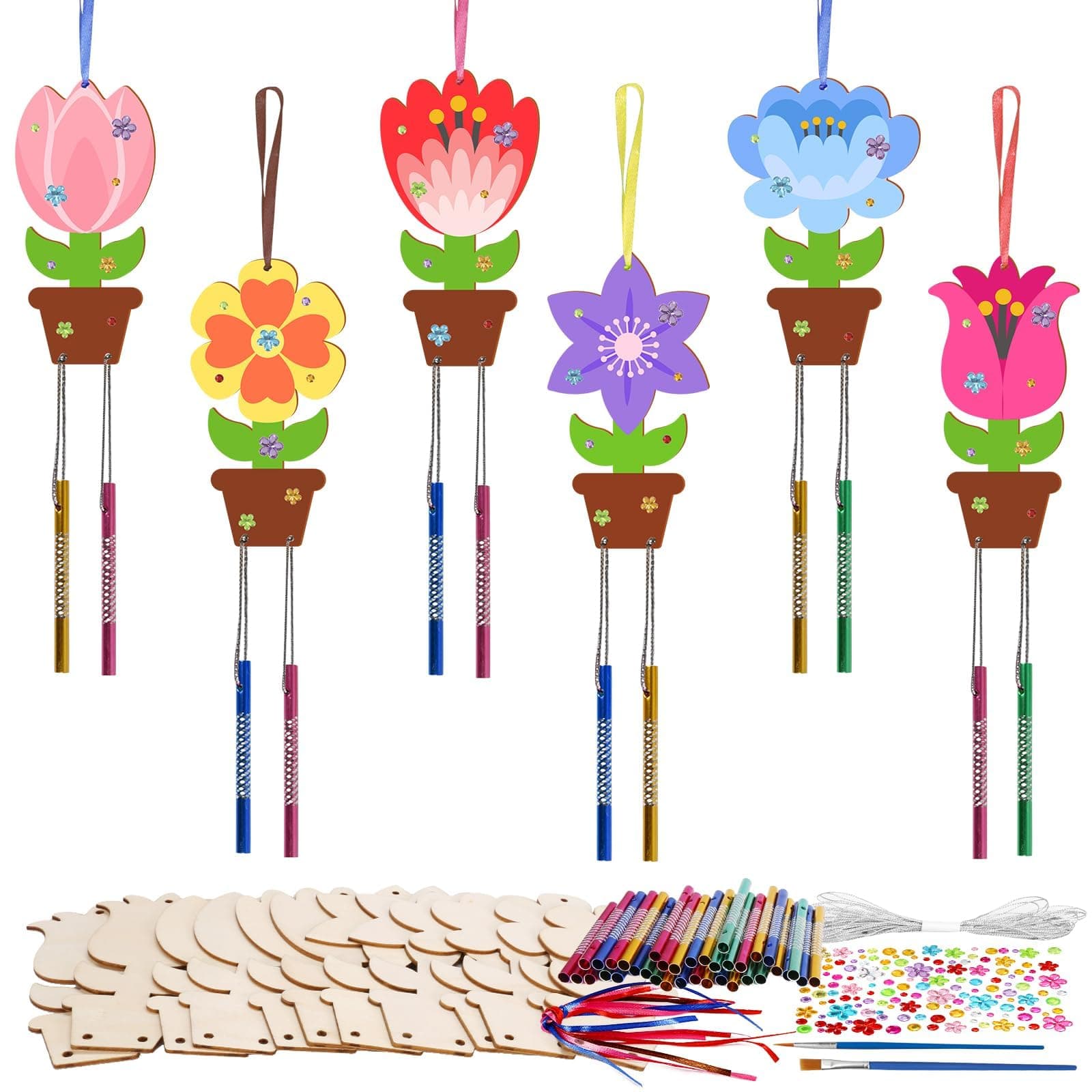 Wind Chime Craft Set, 12 Pack Flower Wind Chime Craft for Kids Make You Own Flower Wind Chimes Ornaments DIY Coloring Wooden Art and Craft for Spring Summer Art Activities Birthday Decorations