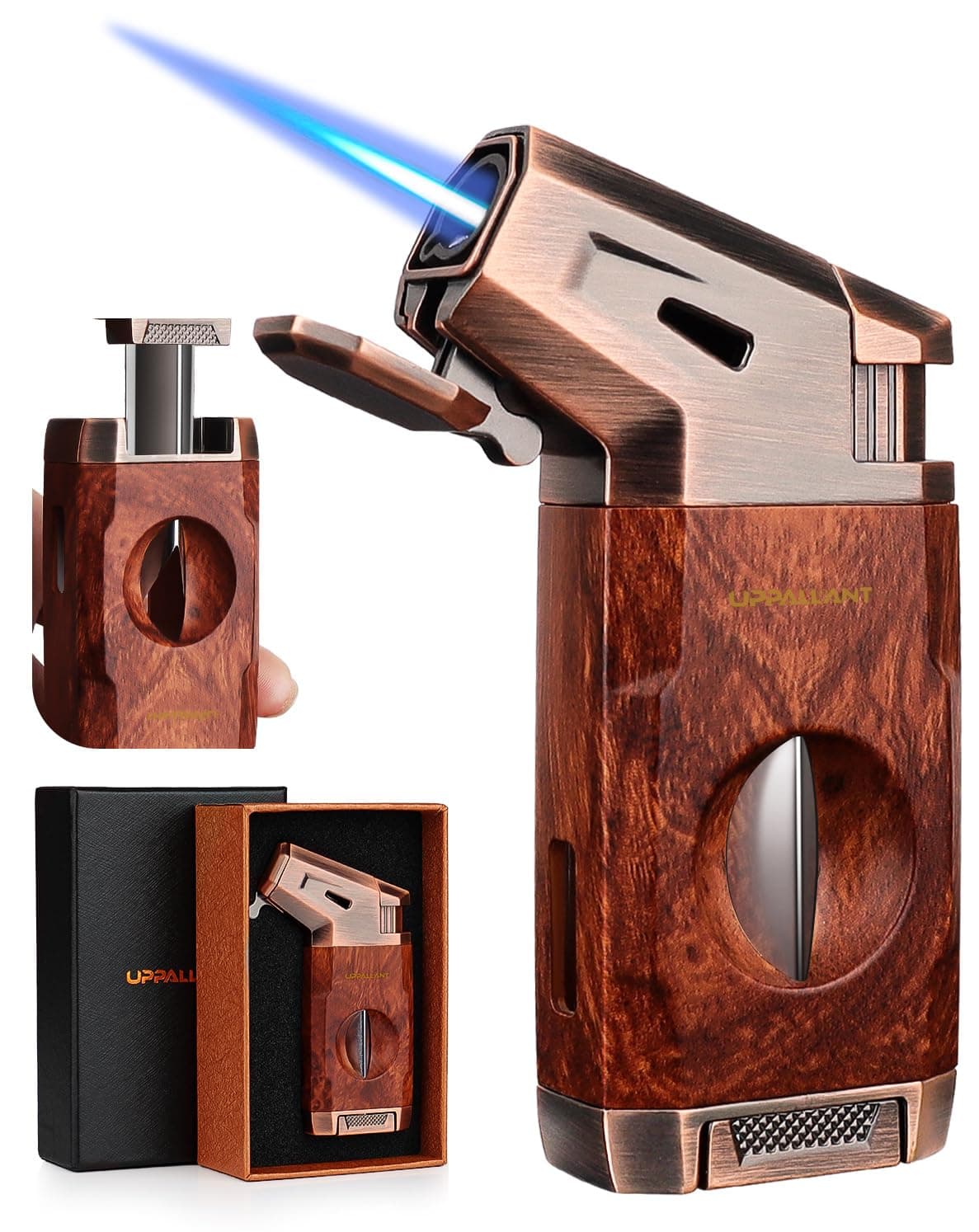 Torch Lighter with Jet Flame, Built-in V Cutter, Refillable Butane Torch Lighters, Box for Men, All-in-one Windproof Cool Lighters for Candle, Outdoor