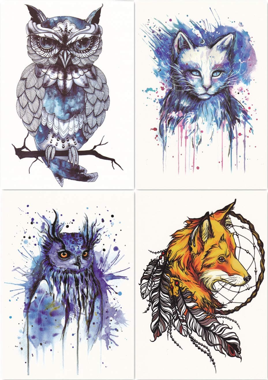 Dalin 4 Sheets Temporary Tattoos, Blue Owl, Cat, Fox Fake Tattoos for Women Men