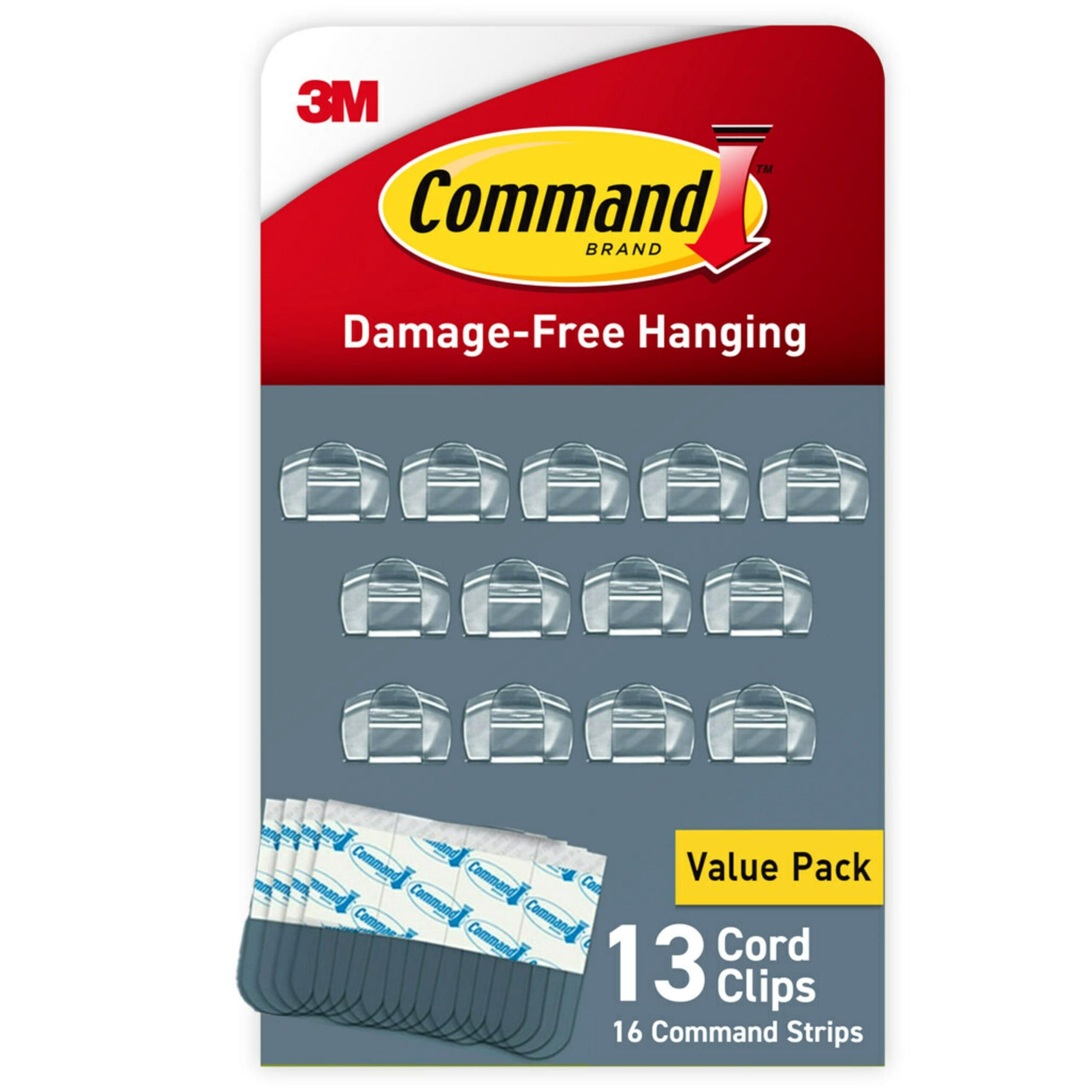 Command Clear Cord Clips, 13 Clips, 16 Strips - Easy To Open Packaging, Organize Damage-Free