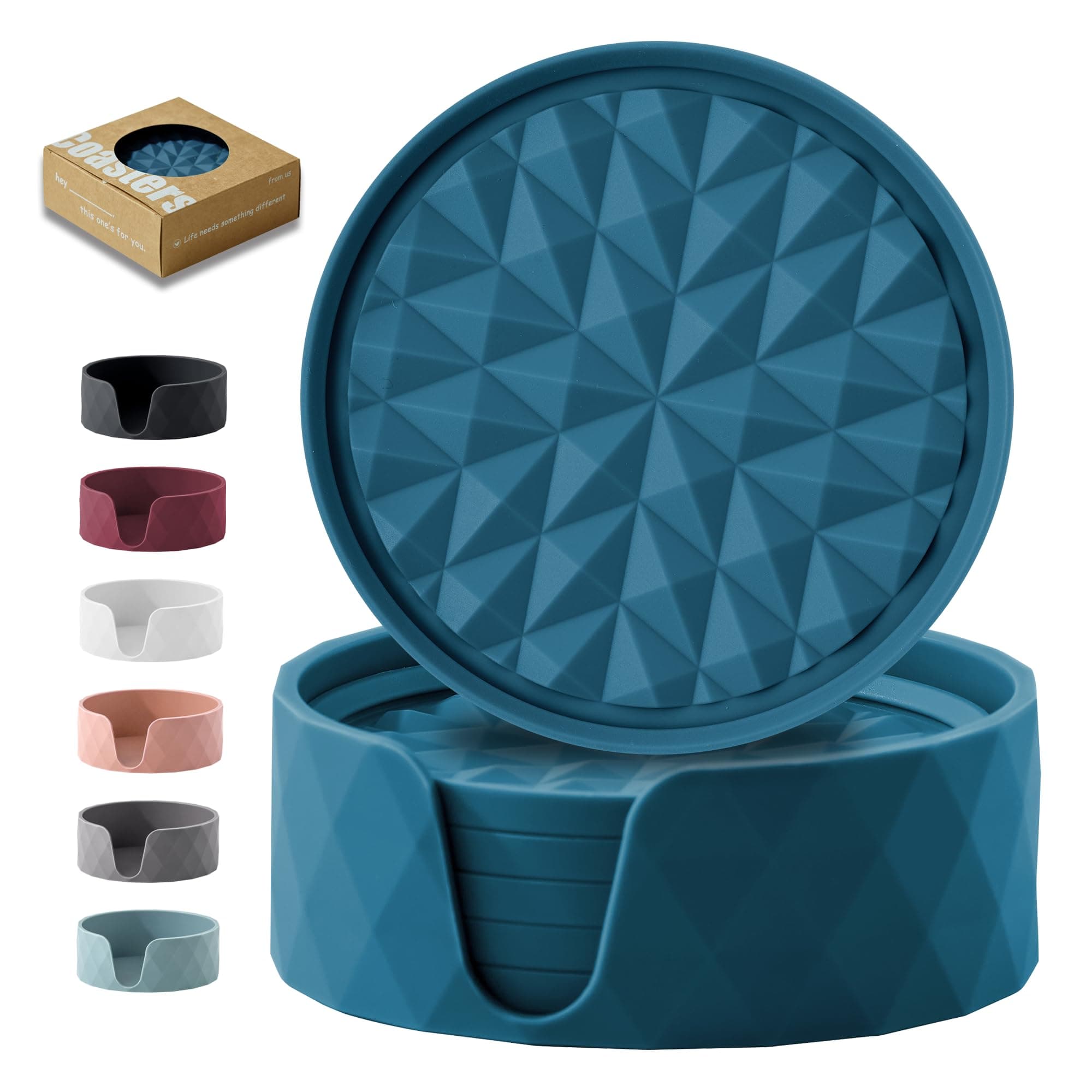 Silicone Coasters for Drinks[6 Pack]- Cup Mat with Holder for Tabletop Protection-Non-Slip, Non-Stick, Coffee Table Decor, Great Gift for Any Occasion, Dark Blue