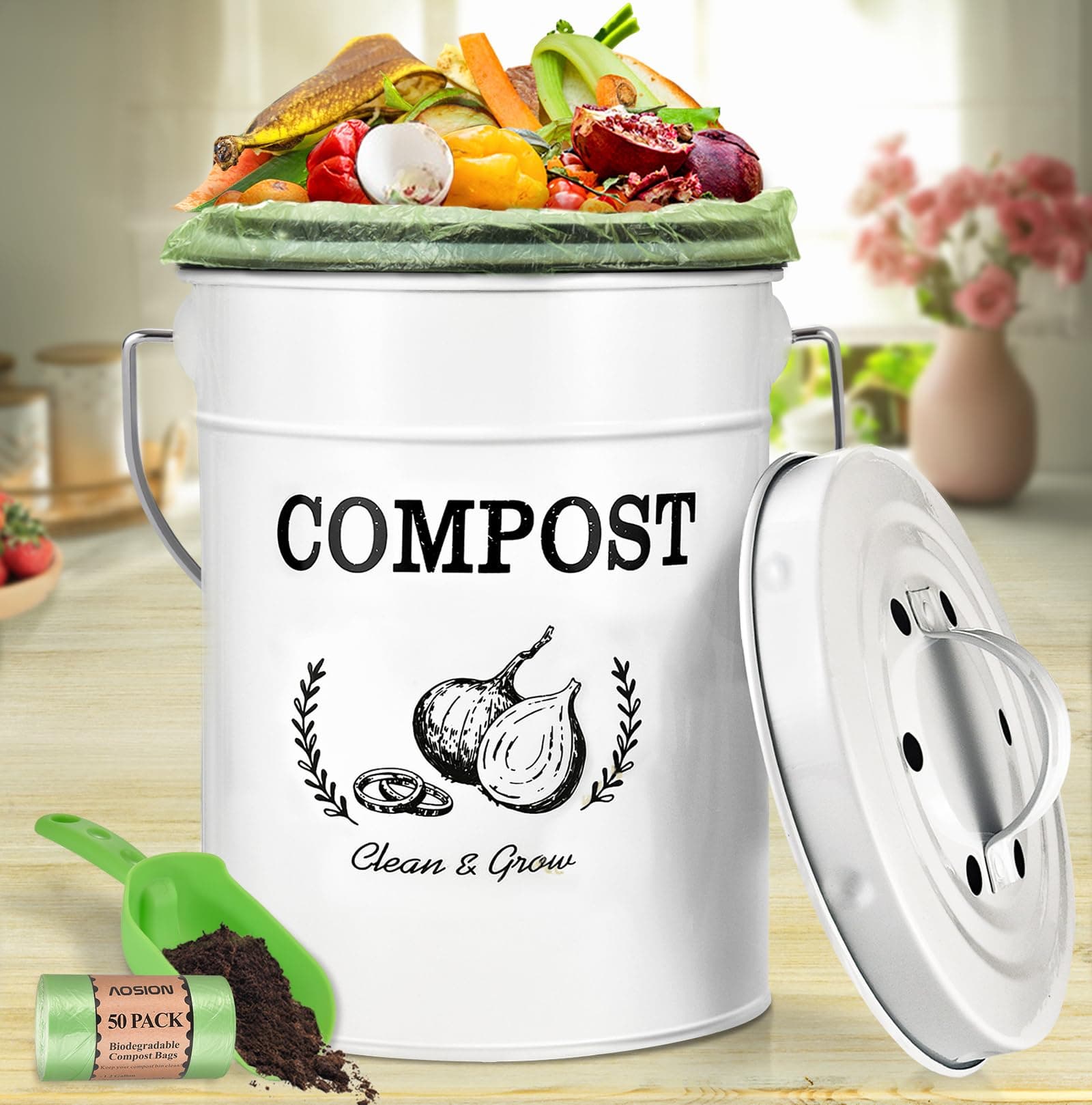 AOSION Countertop Compost Bin Kitchen,Odor Resistant Indoor Compost Bin with Lid and Compost Bags,Compost Bucket Composter Container for Food Waste,White